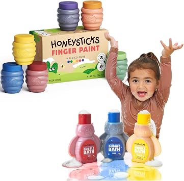 Honeysticks Non-Toxic Finger Paint 6 Colors & Kids Bubble Bath Set Washable, Safe for Toddlers, Eco-Friendly, Water-Based Paint for Little Artists, Color-Changing, Super Foaming Bubbles for Fun