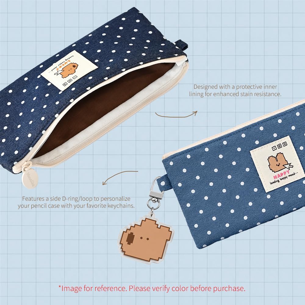 Monolike Happy and Lucky Denim Dot Pencil Case, Blue - Slim Corduroy Style Cotton Pen Pouch, Cute Aesthetic Pastel Stationery Organizer for Office image 3