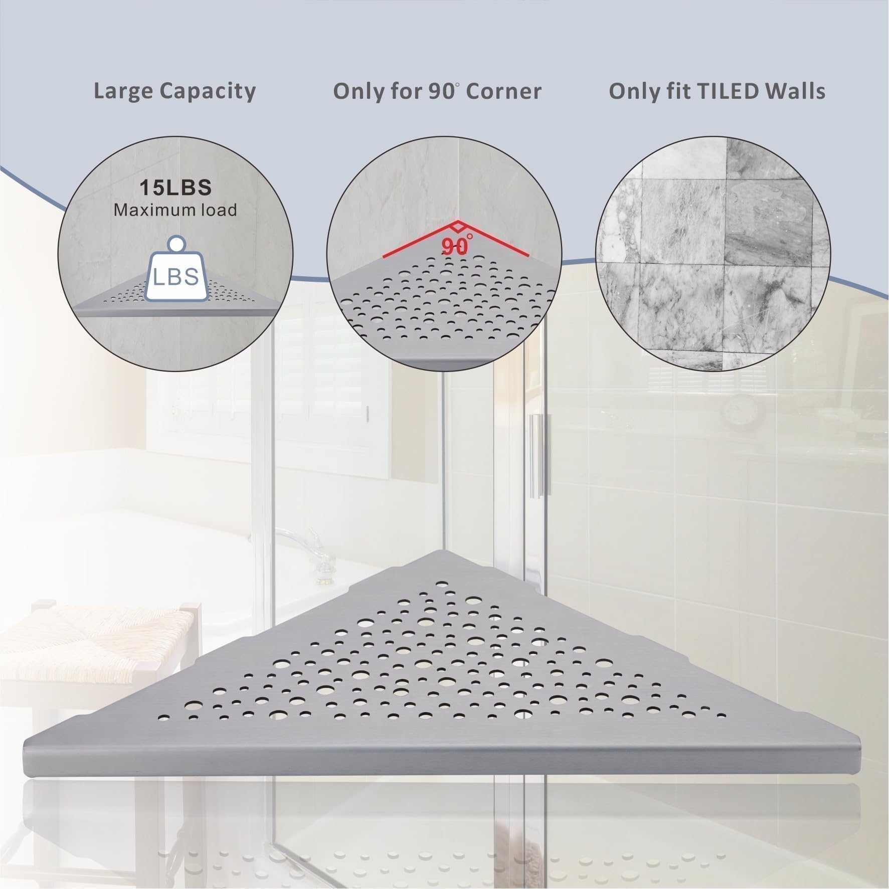 HIDROP Estante de ducha de esquina cepillado de 10 pulgadas, estante de esquina triangular de acero inoxidable para pared de azulejos, paquete de 2 estantes de esquina de ducha, sin taladrar