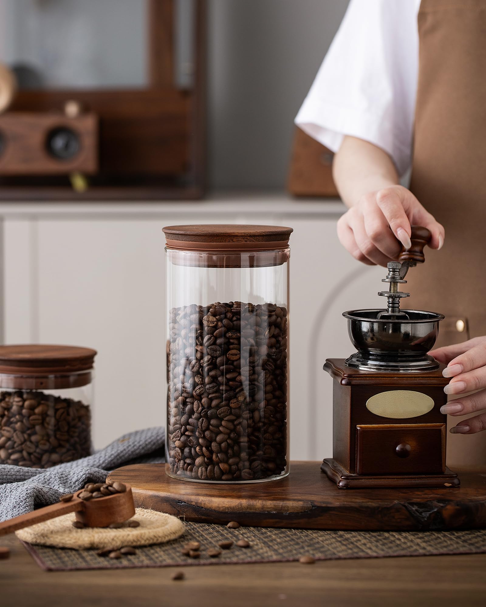 1100 ml Kaffeedose mit Schaufel und Holzdeckel, luftdichter Kaffeesatzbehälter, 2er-Set, Glas-Vorratsdose für Cafébohnen, Aufbewahrungsbar, Bar-Organizer