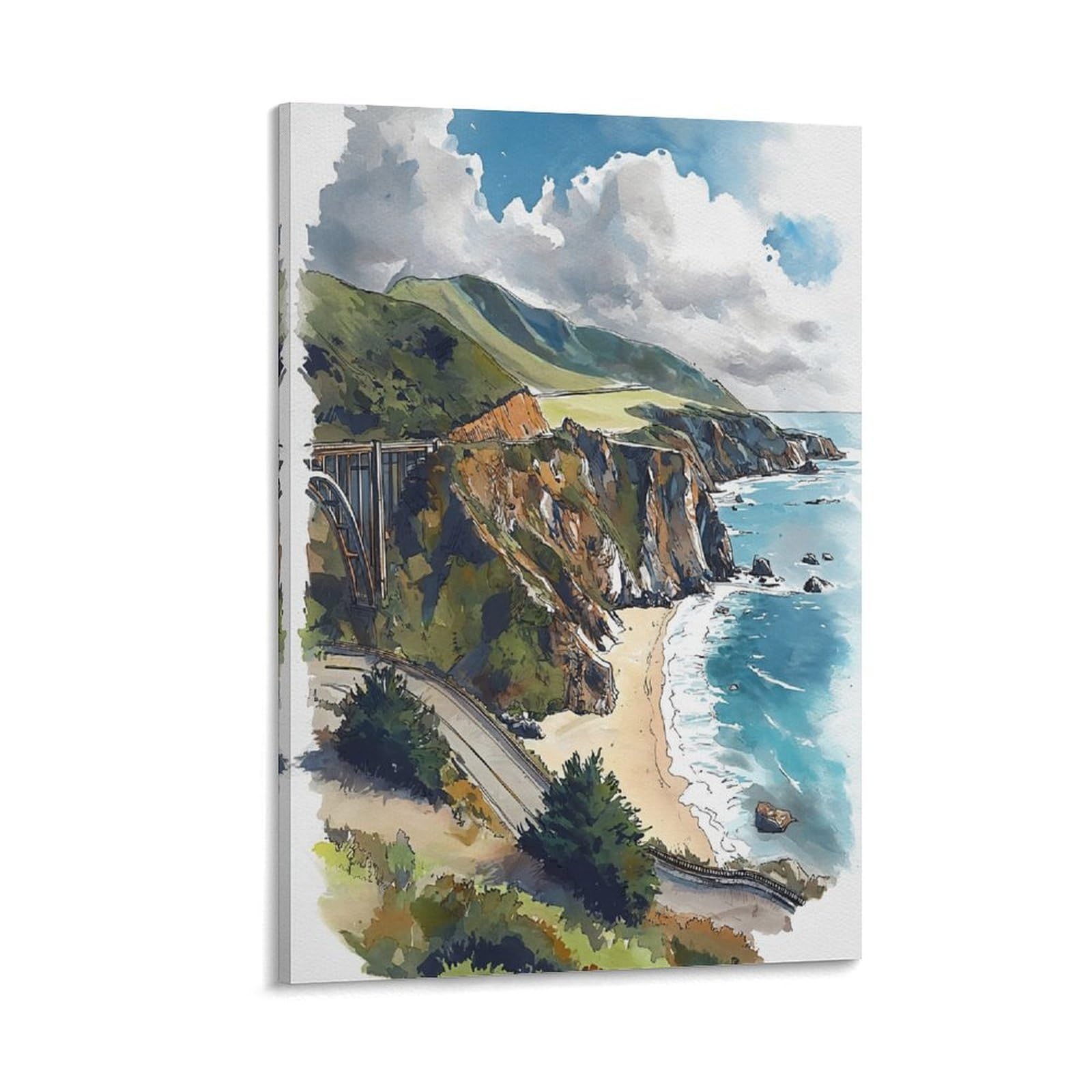 LCYNNH Big Sur Watercolor Painting California Coast Travel Posters 24x36inch(60x90cm) Print Home Bedroom Office Living Room Decor Canvas