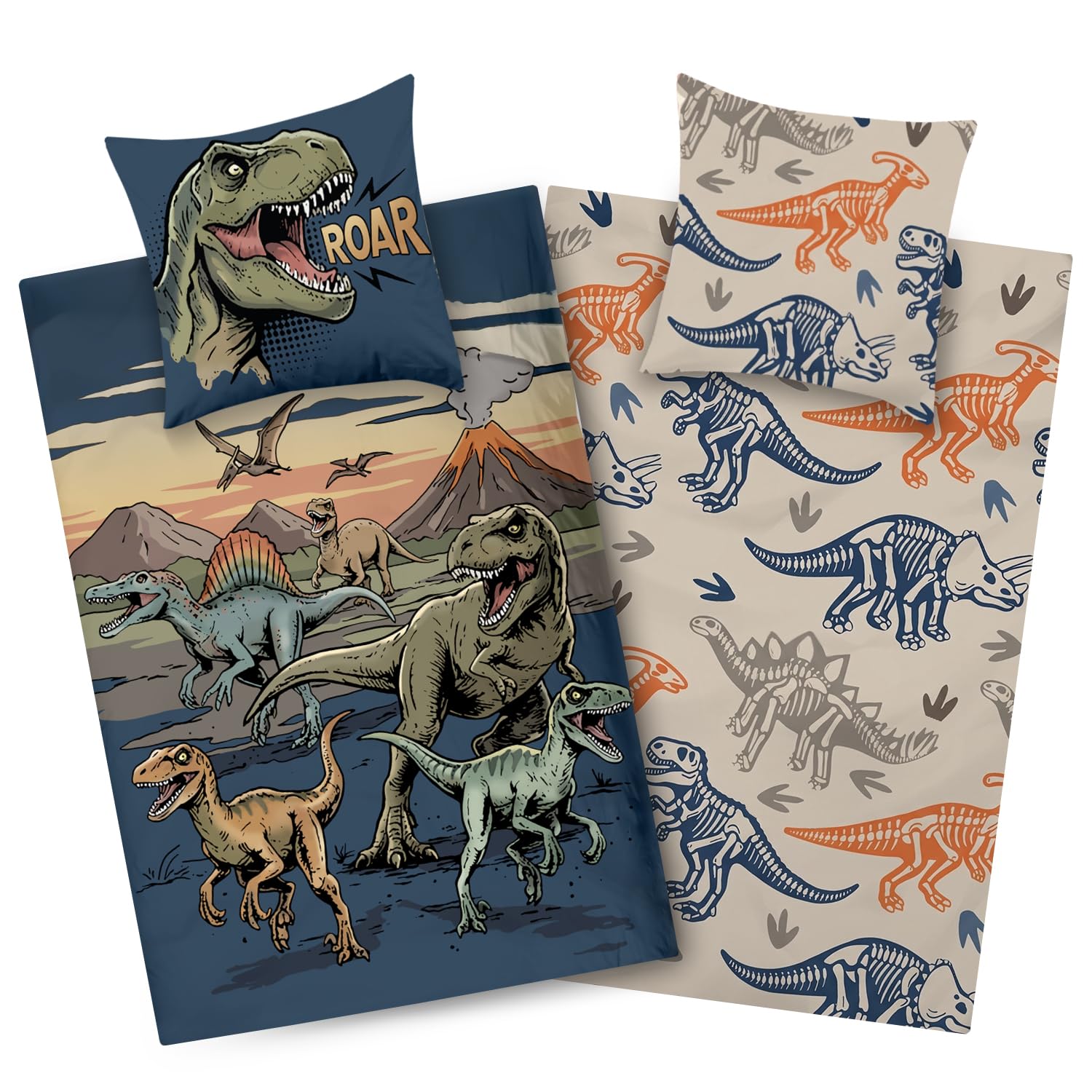 Aminata kids Bettwäsche 135x200 Dinosaurier-Motiv Jungen 100% Baumwolle