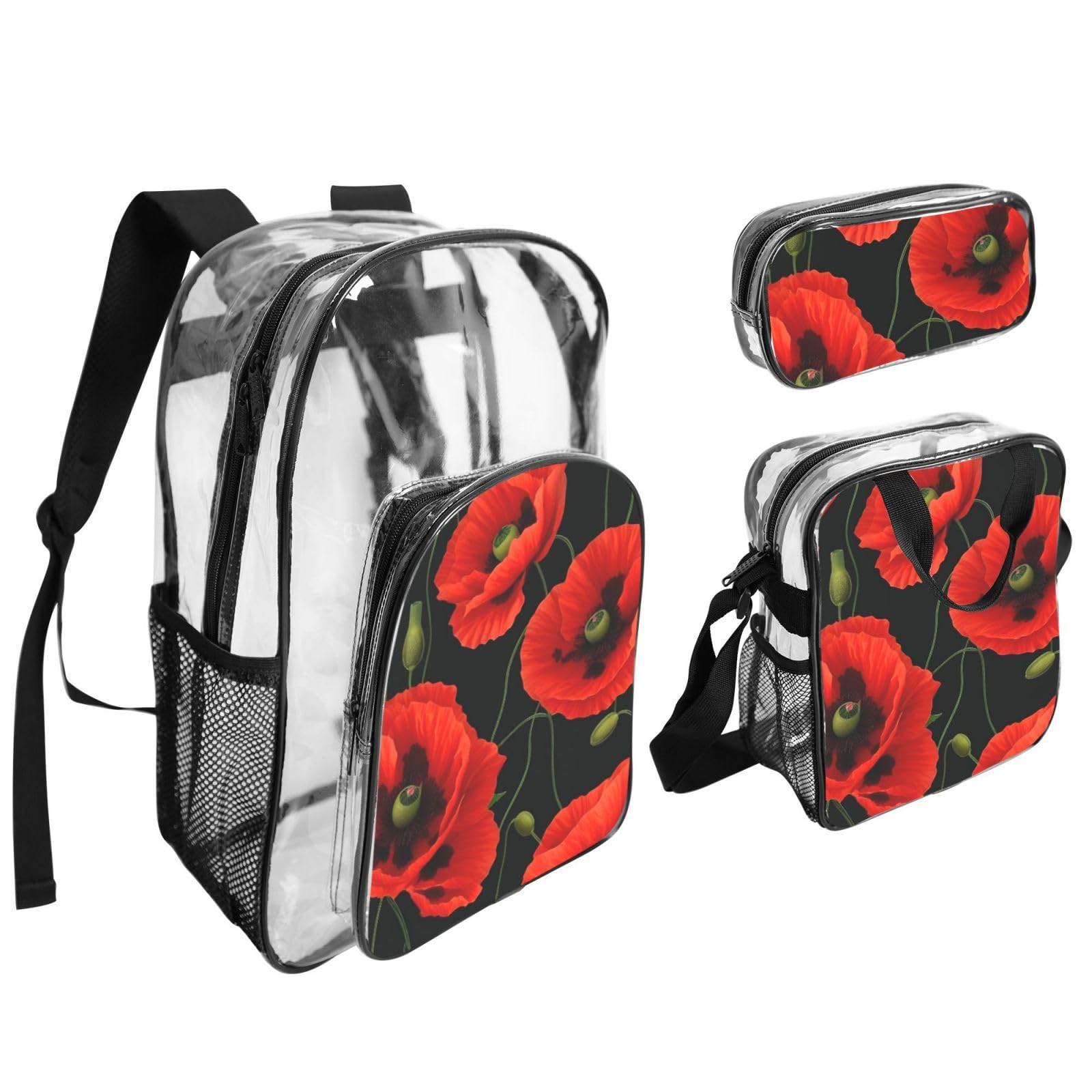Ensemble de 3 sacs à dos transparents avec imprimé coquelicots pour l'école, les voyages, l'extérieur, sac à déjeuner transparent