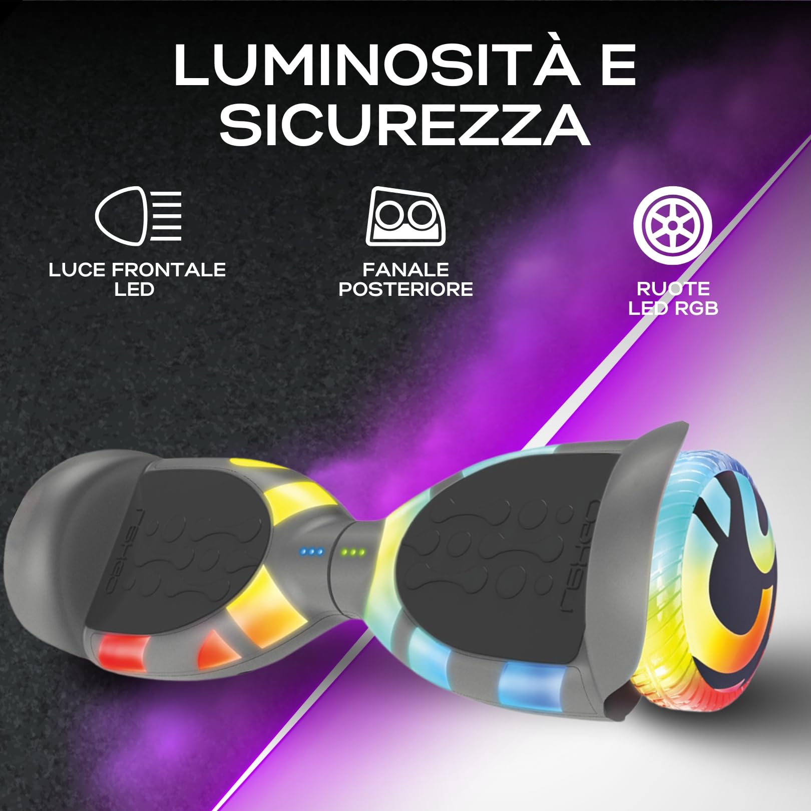 LEXGO HOVERBOARD MIRAGE GRY - Overboard Elettrico con Telaio in Acciaio, Ruote da 6,5'' e 2 motori Brushless da 200W - Hoverboard con velocità fino a 12km/h e Autonomia di 10km