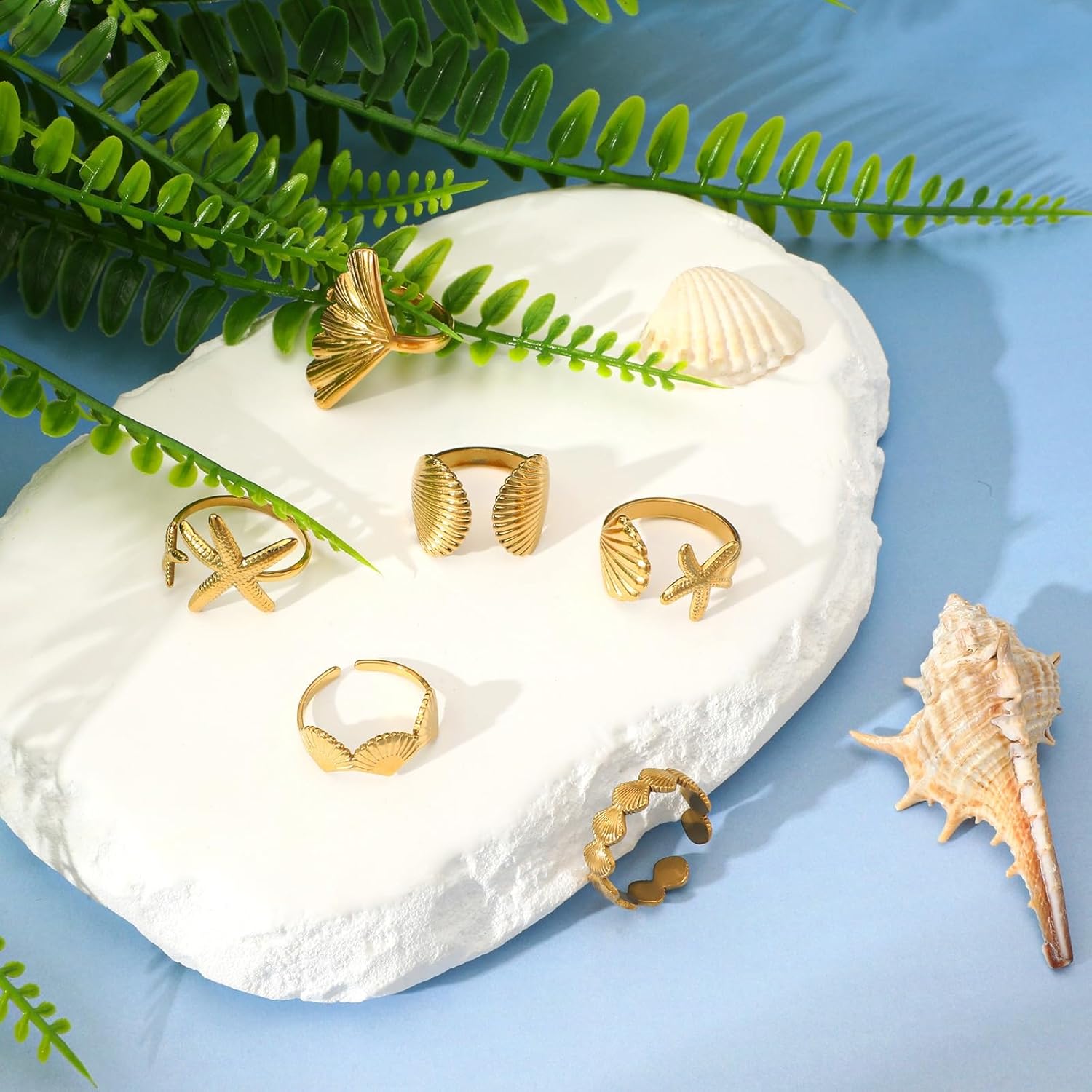 Jansun 6 PCS Gold Seashell Rings for Women 18k Gold Plated Seashell Ginkgo Starfish Surf Stackable Dainty Rings, Beachy Summer Jewelry Gift - Image 5