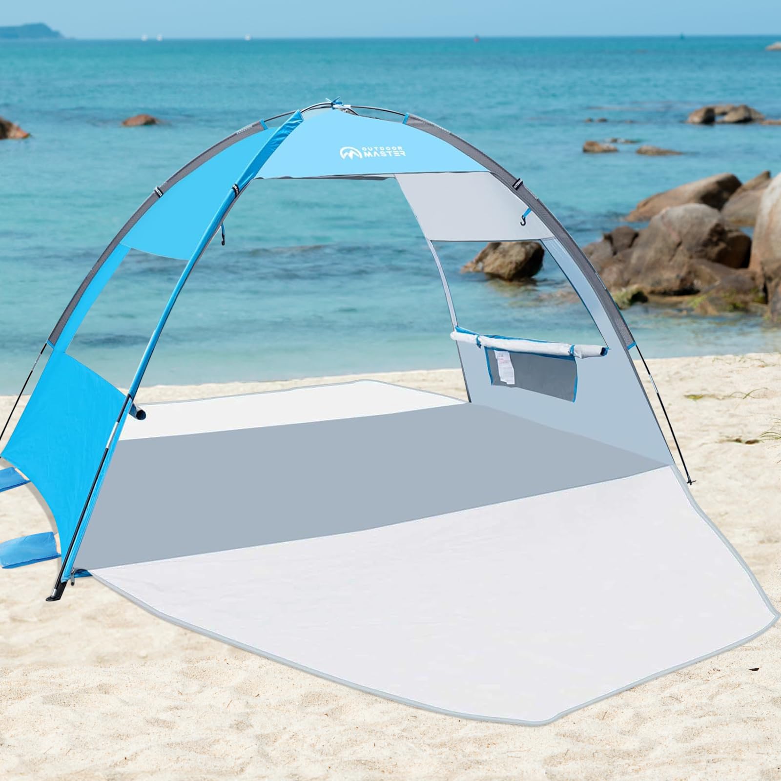 OutdoorMaster Beach Tent Sun Shelter with 2 Ventilated Doors, UPF50+ Easy Setup Beach Tent Canopy for 3 Person, Lightweight & Portable Family Beach Umbrellas for Sand with Carrying Bag - Blue