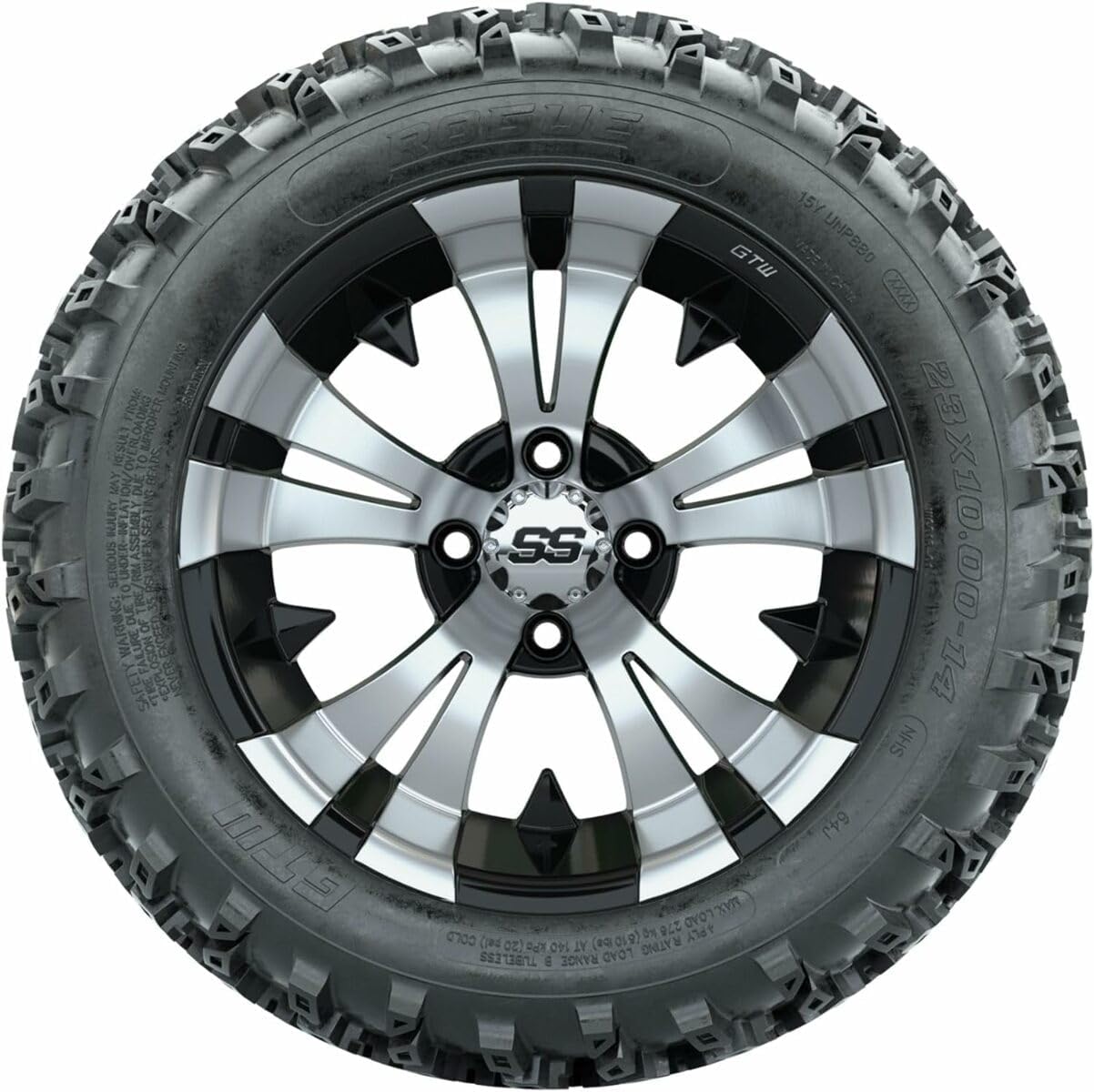 GTW 14 Inch Golf Cart Wheels and Tires Combo | GTW Vampire Machined/Black Wheels on 23x10-14 (23") Rogue All Terrain Tires | Set of 4