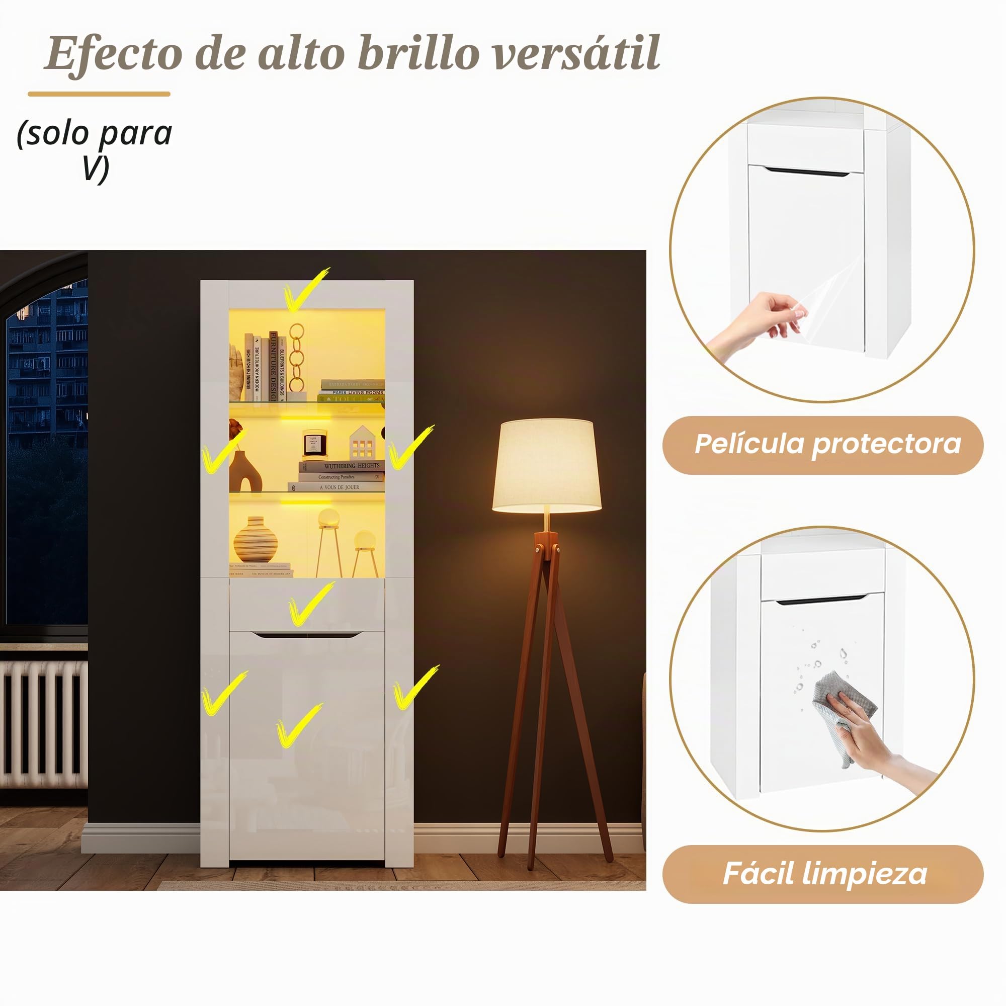 Merax Vitrina con luces LED, armario de 1 puerta y 1 cajón, cristal con mucho espacio de almacenamiento, moderna estantería de salón y oficina
