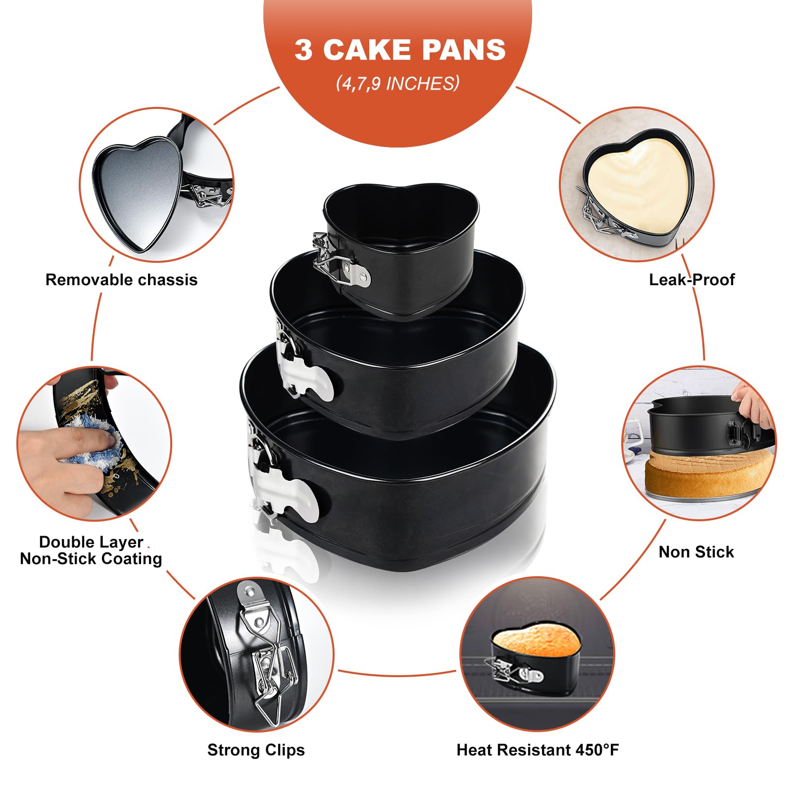 Moule à gâteau au fromage anti-adhésif de 10,2 cm + 17,8 cm + 22,9 cm, moule à charnière étanche en forme de cœur, fond amovible, moule à loquet à dégagement rapide pour gâteau