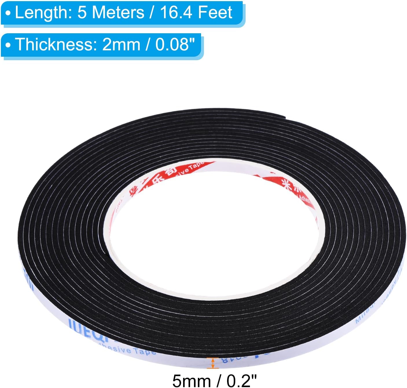 5m/16.4ft Sealing Foam Tape, 5mm Wide 2mm Thick Single Sided Weather Stripping Door Seal Strip for Window Door Insulation, Black
