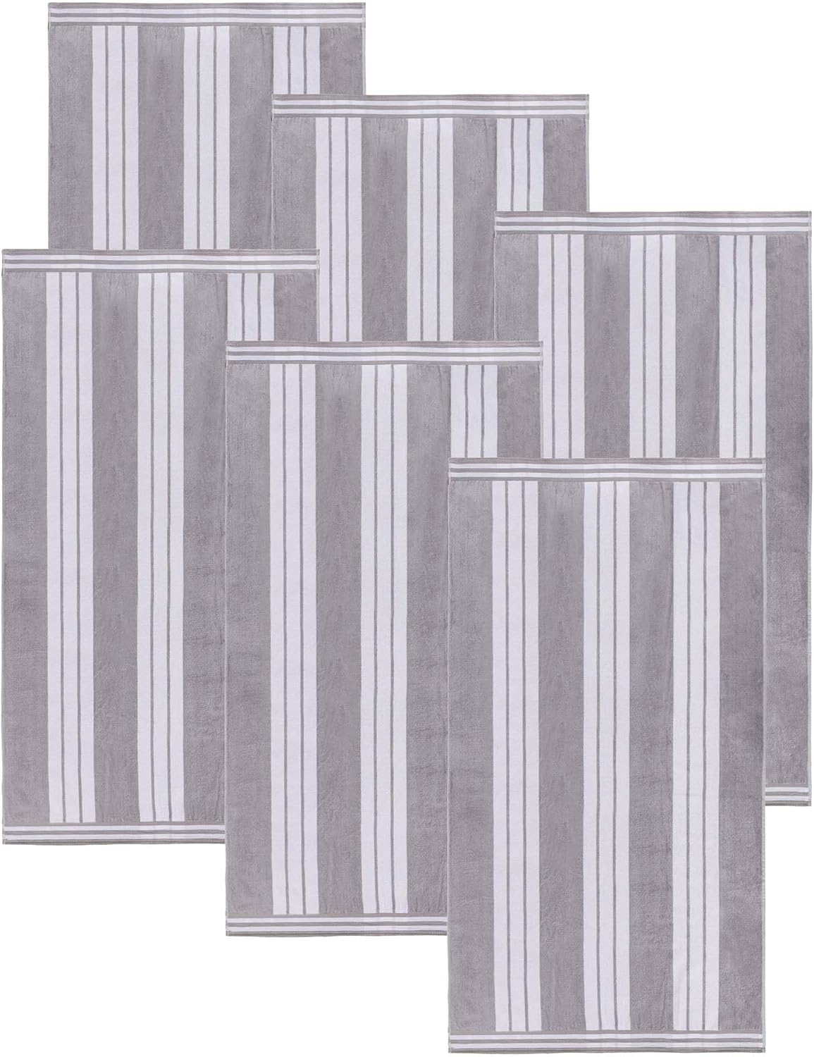 Superior Oversized Cotton Beach Towel Set of 6, Absorbent Towels for Bathroom, Beach, Pool, Swim, Adults, Kids, Vacation, Travel, Bath, Quick Dry Basics, Trip Essentials, Striped Decor, Light Grey
