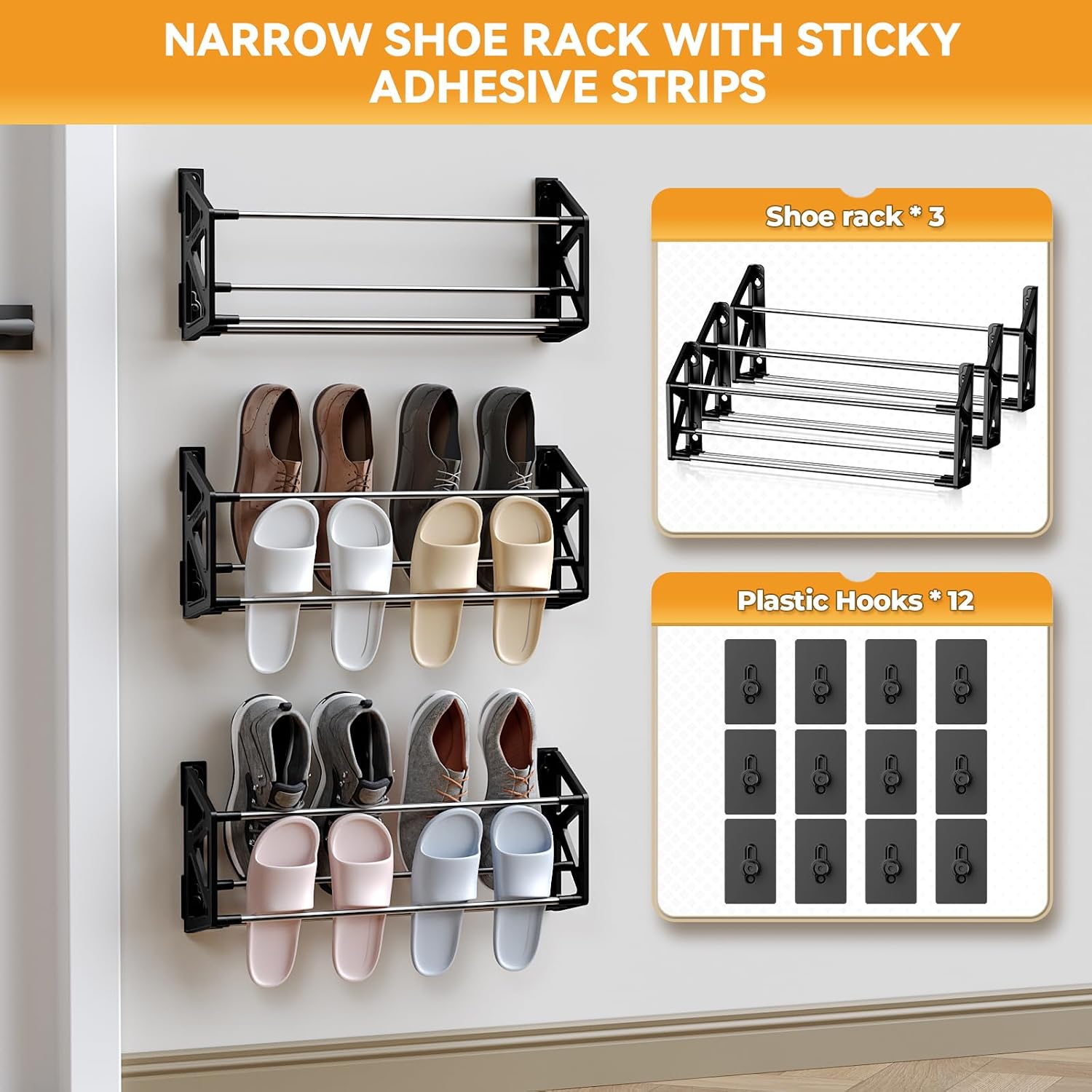3 Pack Wall Mounted Shoe Rack, No Drill Adhesive & Screw 2-in-1 Holds 12 Pairs, Space-Saving Vertical Storage for Entryway, Bathroom & Kitchen, Renter Friendly Fits Tile Marble Glass Wood Wall (Black)