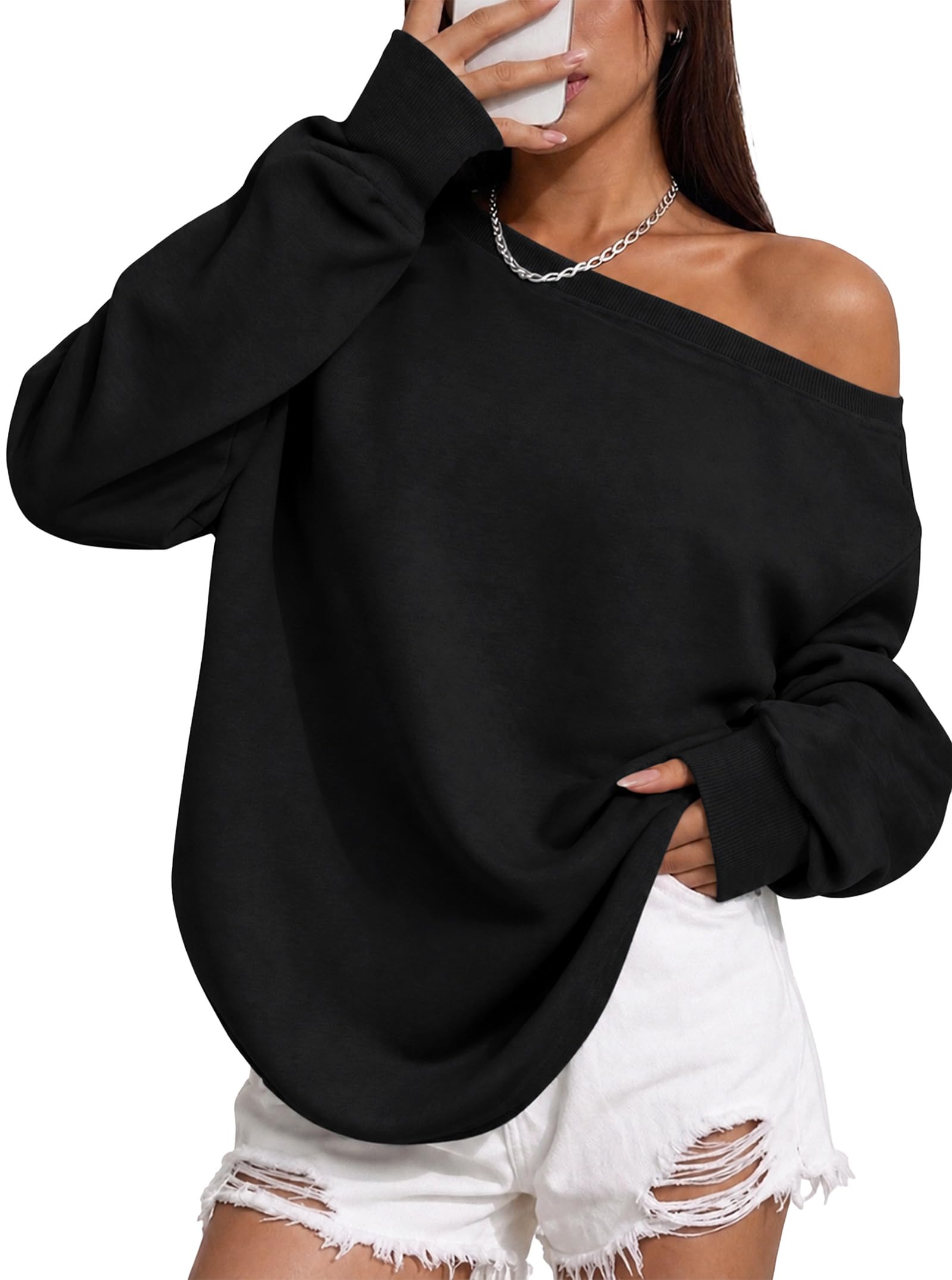 Remidoo Women's Off The Shoulder Sweatshirt Oversized Long Sleeve Top