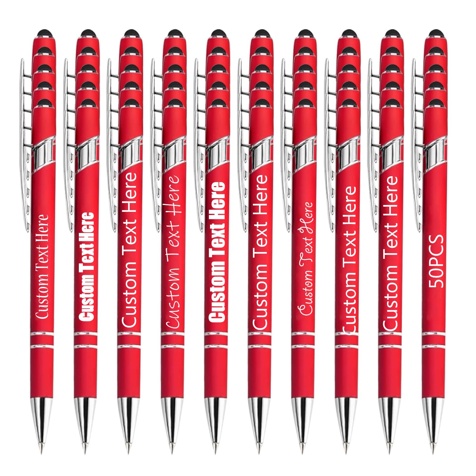 Personalised Pens Bulk Pack of 50, Custom Engraved Ballpoint Pen with Stylus Tip, Soft Touch Metal Retractable Writing Tool, Ideal Business Corporate Graduation Wedding Gifts (Red)