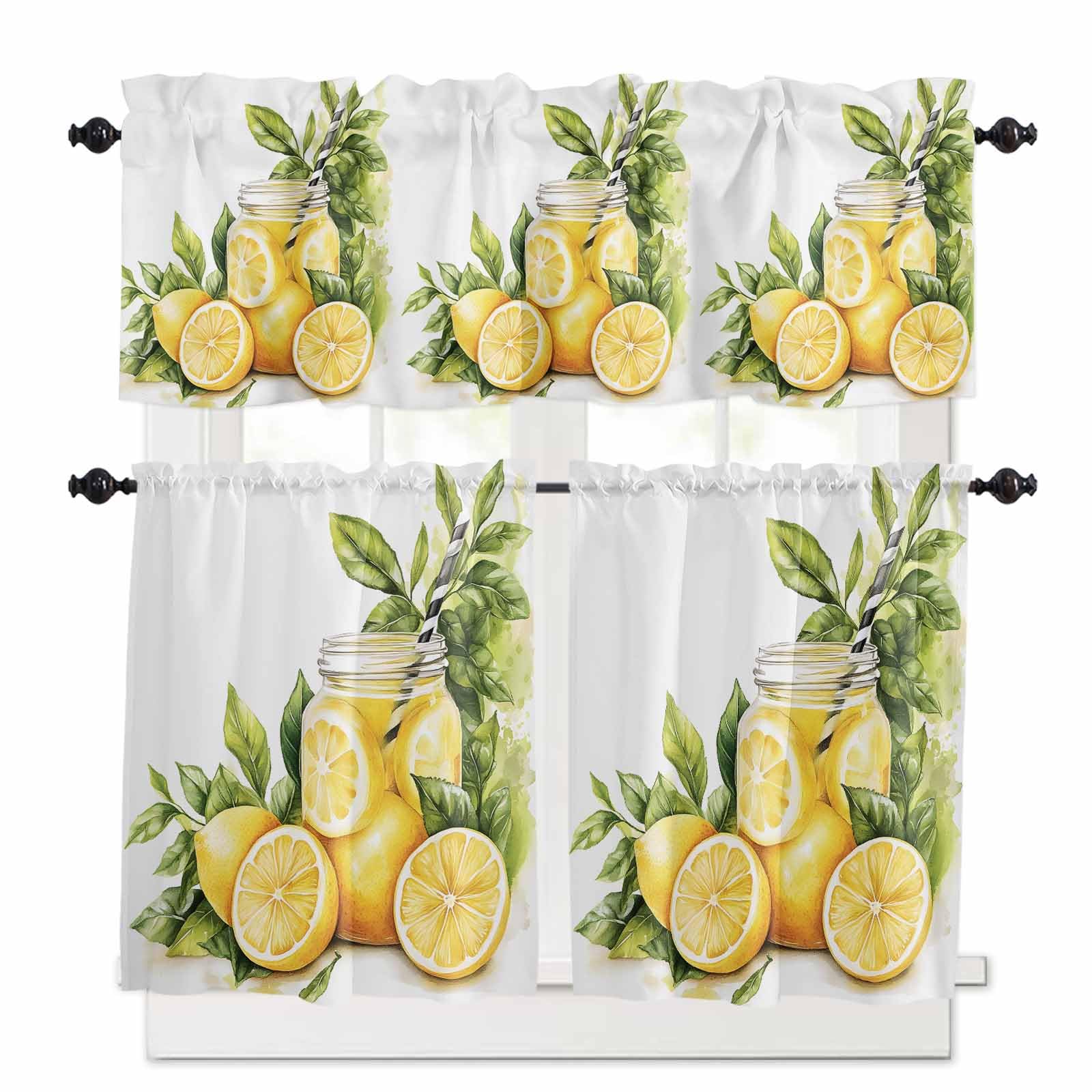 Summer Lemon Kitchen Curtains 36 Inch Length, 3 Piece Rod Pocket Small Half Tiers and Valance Set, Yellow Fruits Spring Green Leaf Vase Small Large Window Treatment Decor for Bedroom/Bathroom Sink