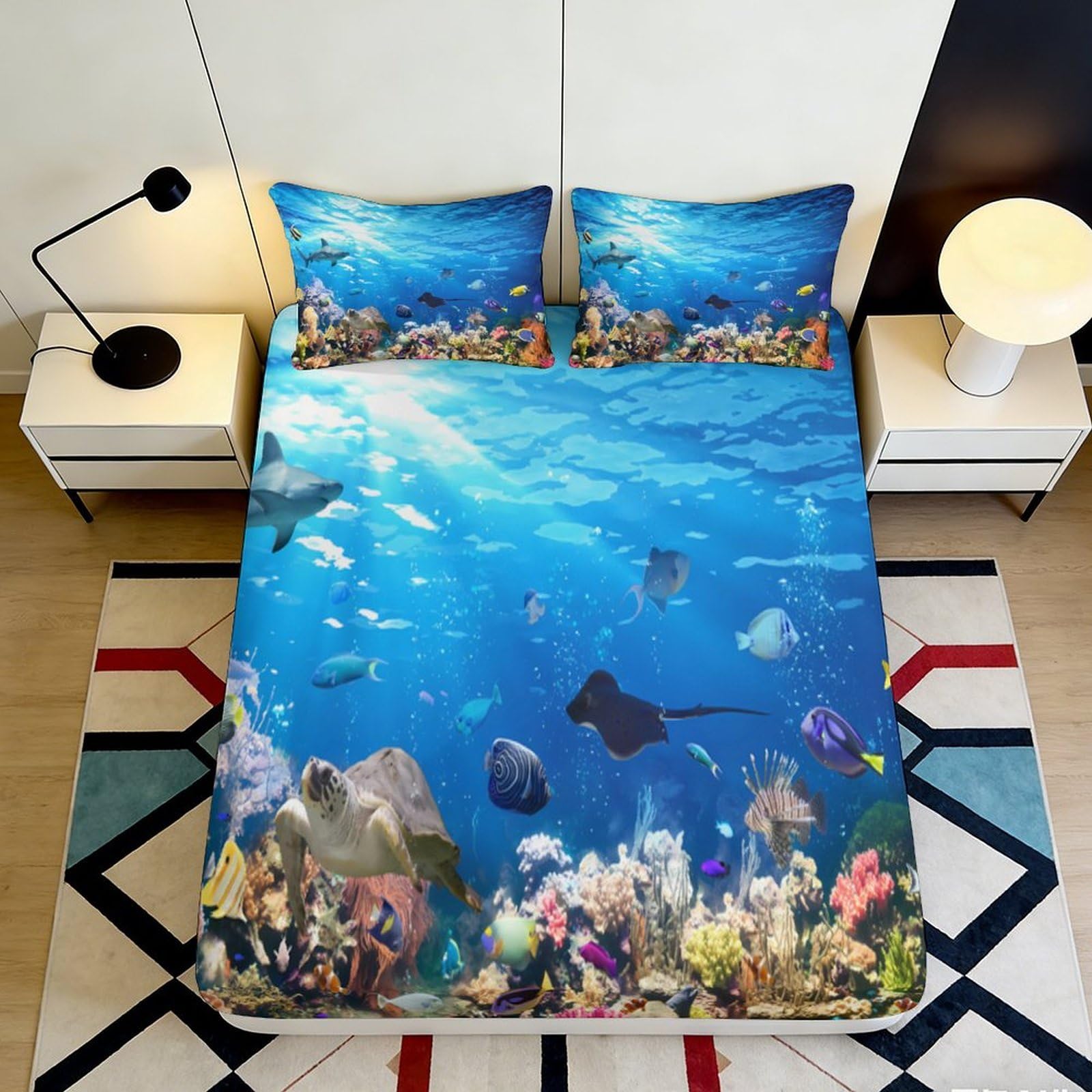 Tjiqhvmrn Style-7 3D Printed Ocean Theme Fitted Sheet Microfiber Deep Pocket Non-Slip Sea Life Mattress Fitted Cover Washable Bedding For Home 90X200x25cm