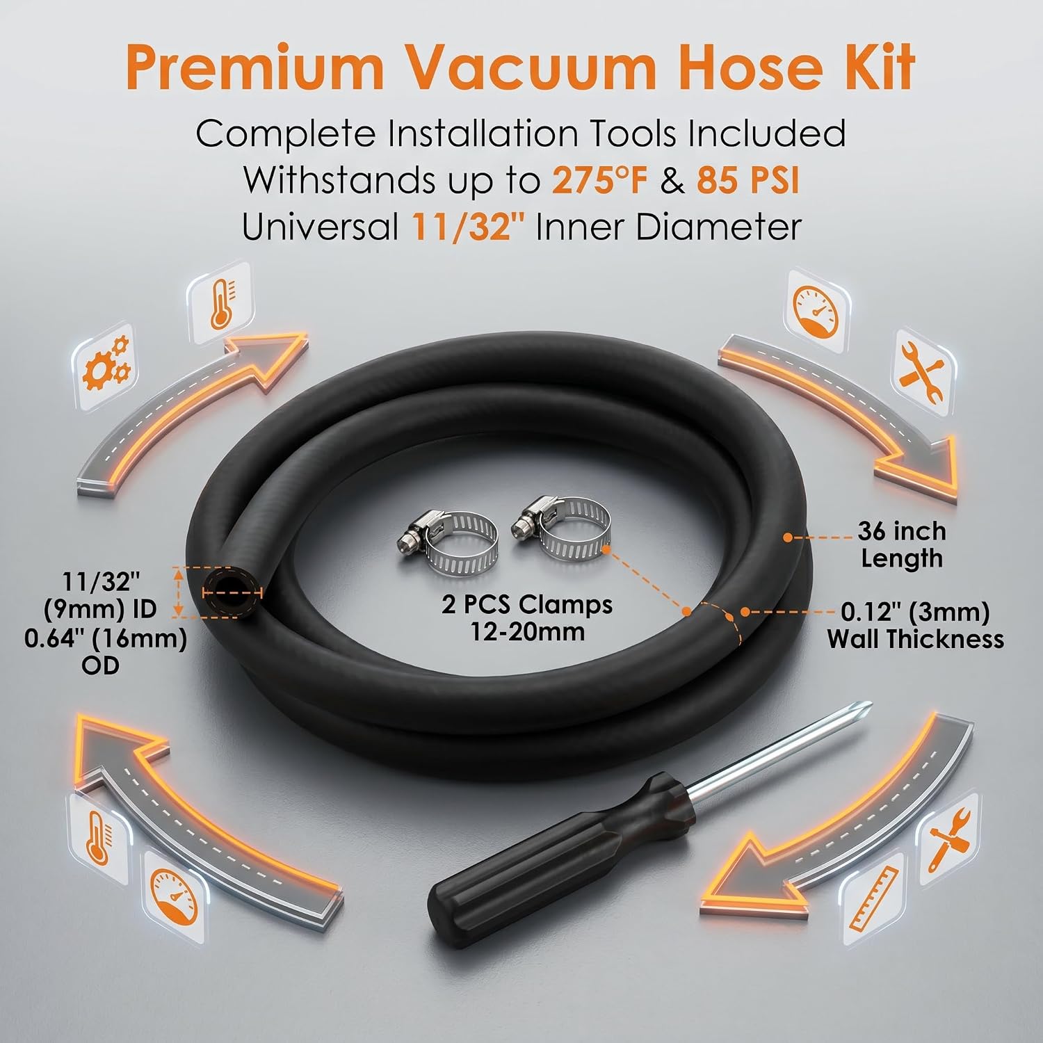 27232 Power Brake Booster Vacuum Hose ，11/32" x 36" with 2 Clamps, 85 PSI Rated, for Passenger Cars & Light Trucks, Brake Booster Line (1 Pack)