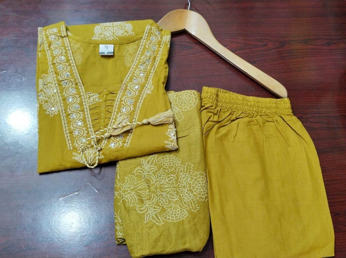 PARTHVI Women's Pure Cotton Printed Ethnic Set with Handwork Kurta with Pants and Dupatta, Wedding Suit Set (P-1079-Yellow-XL) - Image 6 thumbnail
