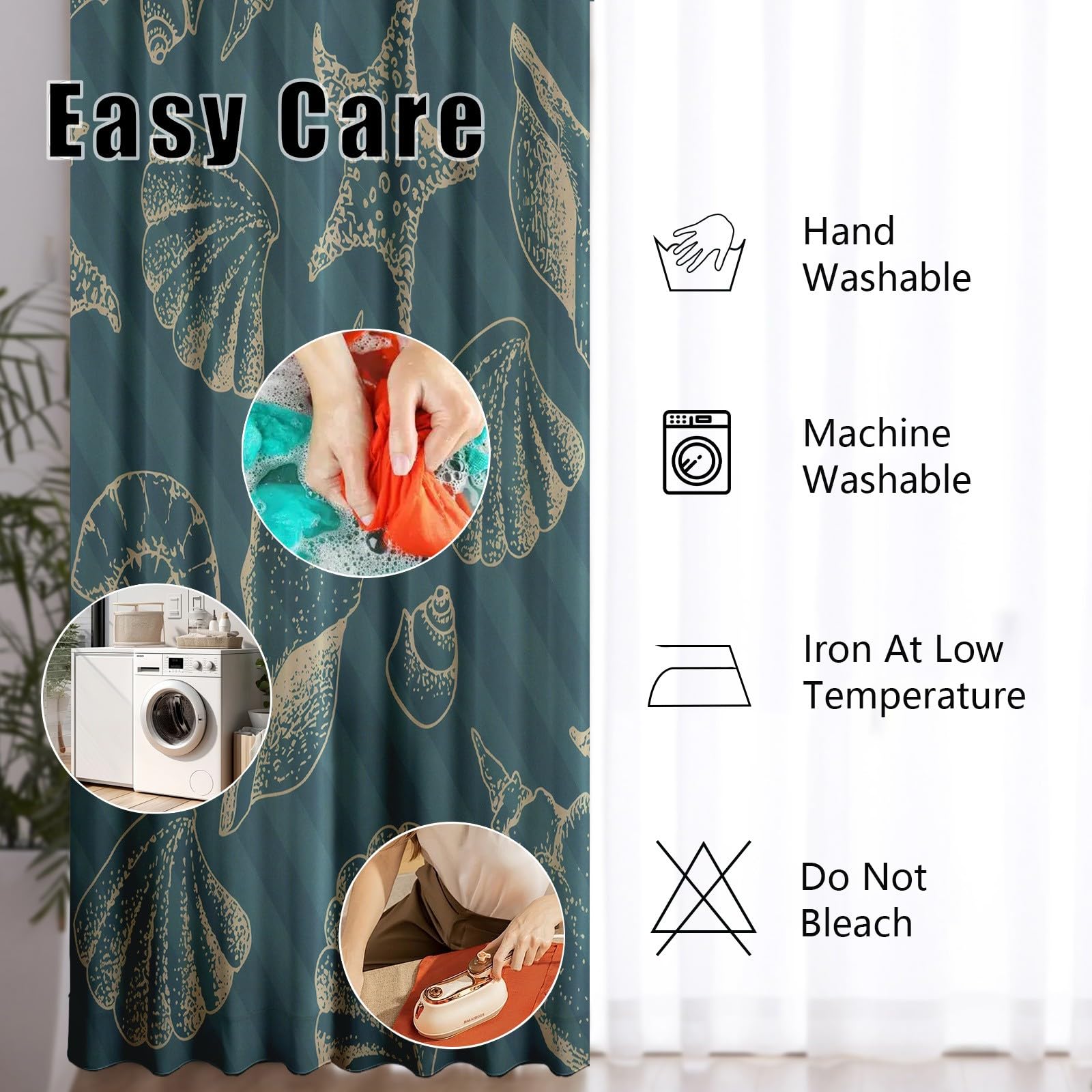 Seestern Muschel Vorhänge, Meer Küste Strand Gardinen Blickdicht, Gestreift Nautische Vorhang mit Ösen, Verdunklungsvorhänge fur Wohnzimmer Schlafzimmer, 2er Set Curtain H175 x B140 cm