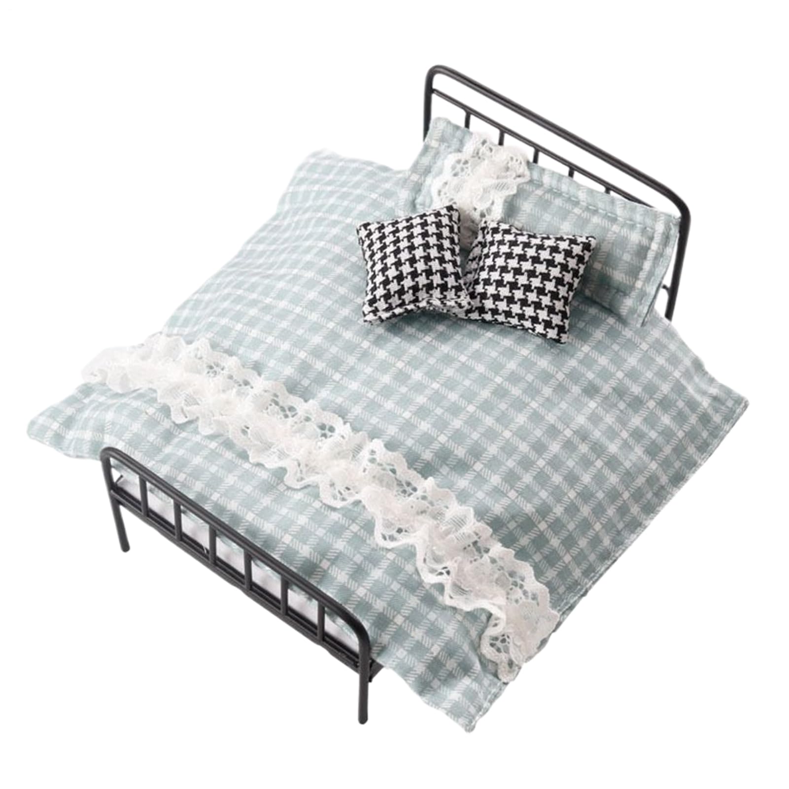 1:12 Doll House Miniature Furniture Iron Bed, Doll House Decorate Metal Bed with Fresh Style Beddings, Funky Mini Iron Furniture for Bedroom