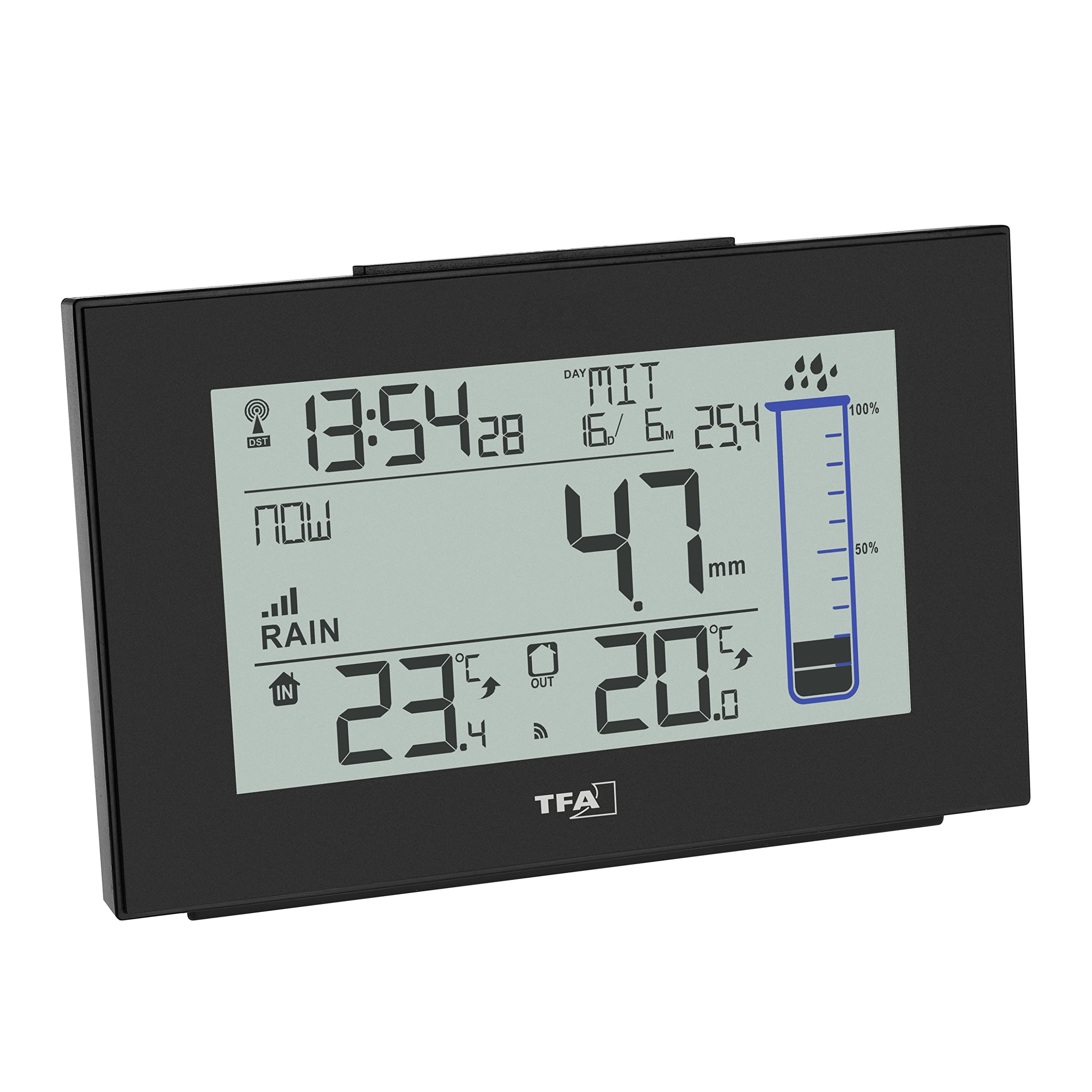 TFA Dostmann Splash 47.3006.01 - Pluviómetro Digital inalámbrico para jardín, con autodrenaje, Color Negro