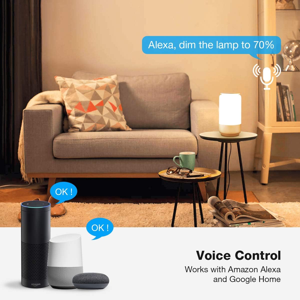 Living room scene with the smart lamp, Alexa Echo, and Google Home devices, illustrating voice control