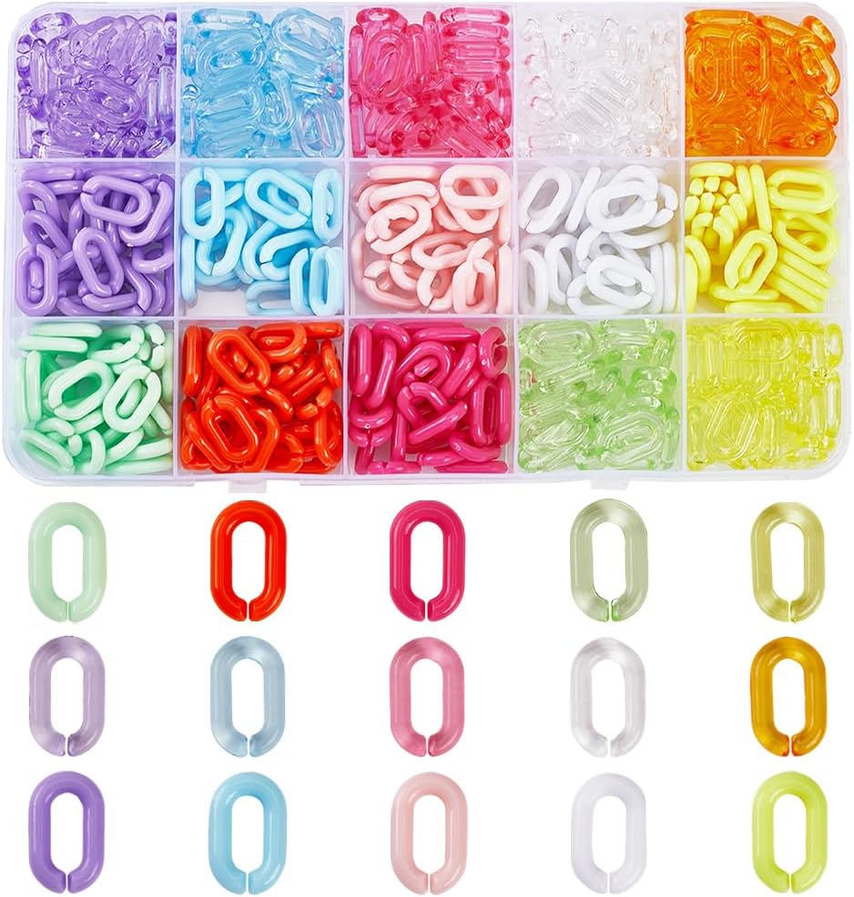 480Pcs 15 Colors Acrylic Link Chain Linking Rings Jewelry Oval Colorful Rainbow Opaque Transparent Cable Curb Open Quick Link Connectors for Jewelry Making Necklace Chains Purse DIY Crafts