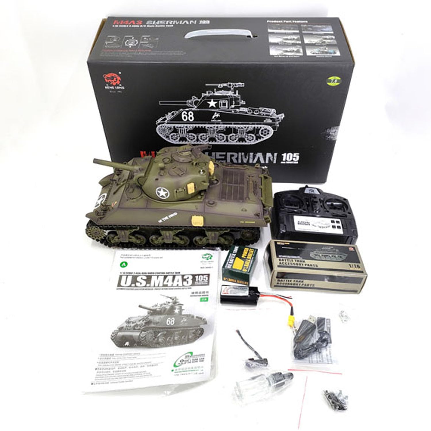 TOUCAN RC HOBBY Henglong 1/16 7.0 RC Tank M4A3 Sherman 3898 320° Torreta Barrel Recoil BB IR Smoking Steel Gearbox Battery 2.4G Radio