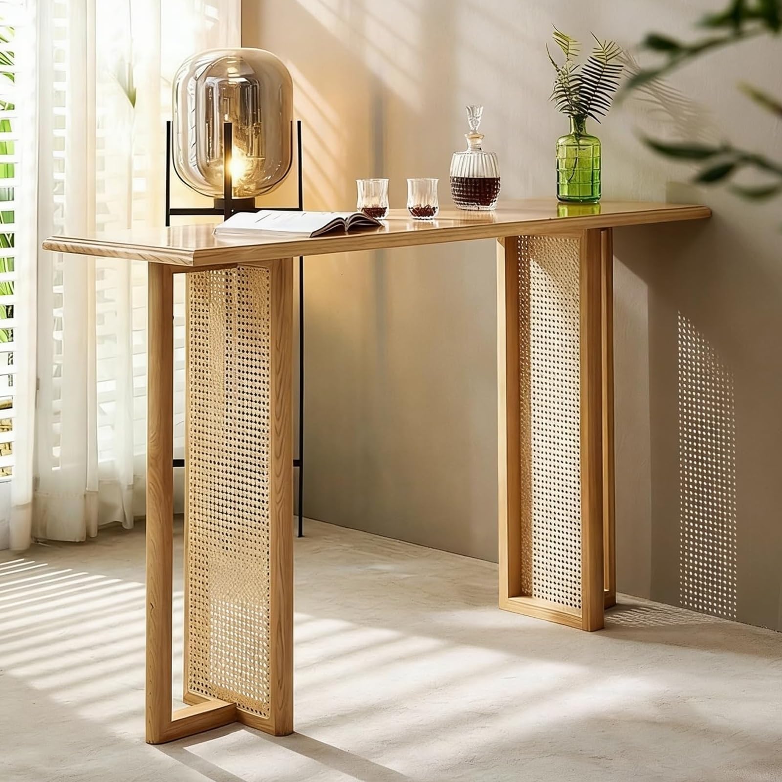 Tavolo da pub in legno massello con intreccio in rattan, robusto tavolo da pranzo per casa, cucina, soggiorno, bistrot e piccoli spazi (120 cm)