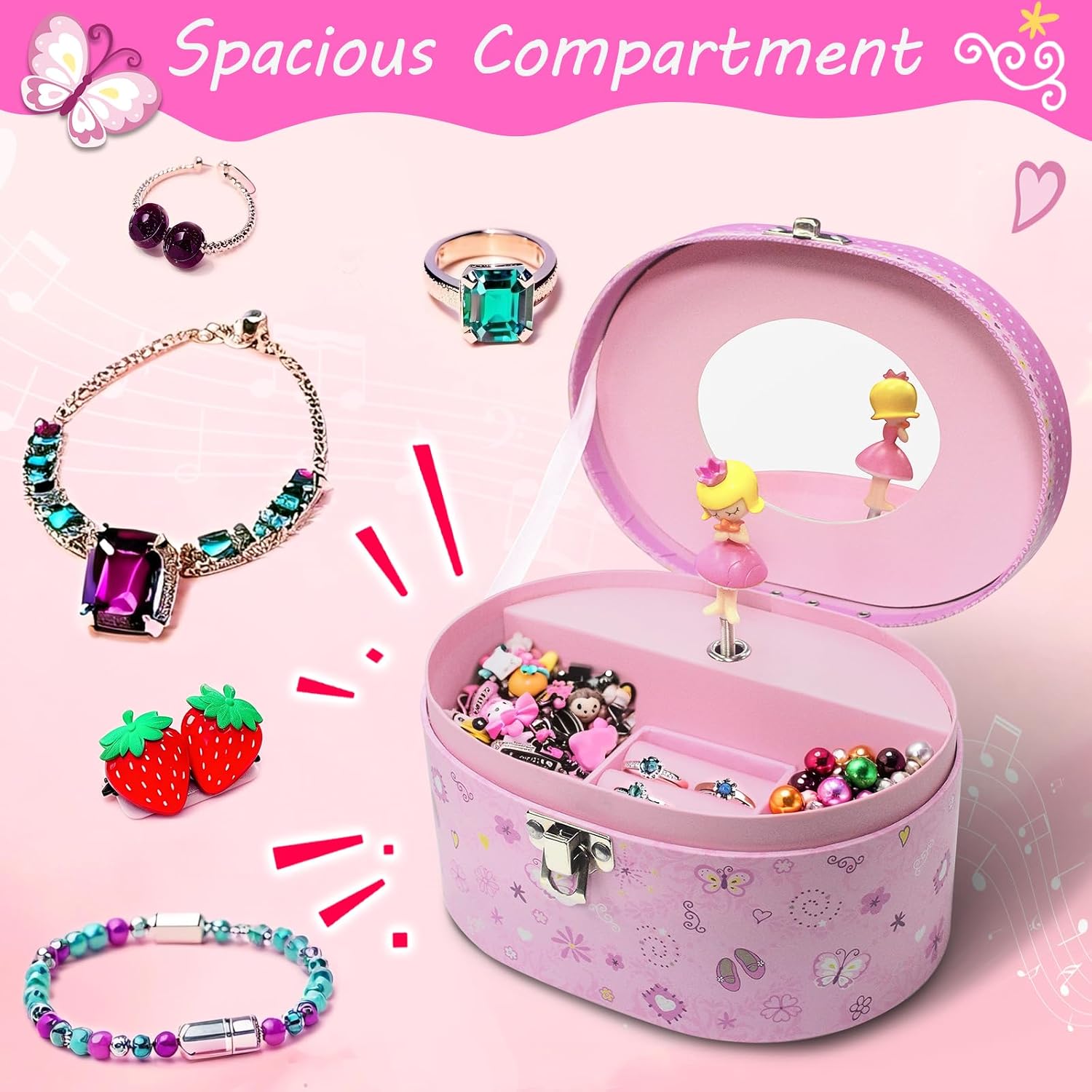 Princess Jewelry Box for Girls, Musical Kids Jewelry Box for Girls Gifts | Toddler Jewelry Box with Spinning Figurine & Music Pink Birthday Gifts for 3,4,5,6,7,8 Years Old Little Child