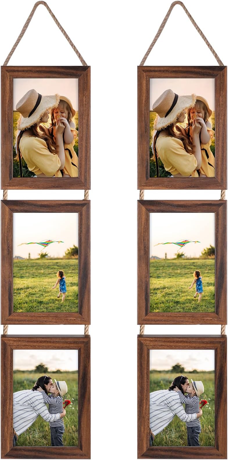 Lavezee 4x6 Collage Triple Picture Frames Set, Walnut Brown 6 Opening Hanging Vertical Frame Made to Display 4 by 6 Inch Photo Print for Wall Decor