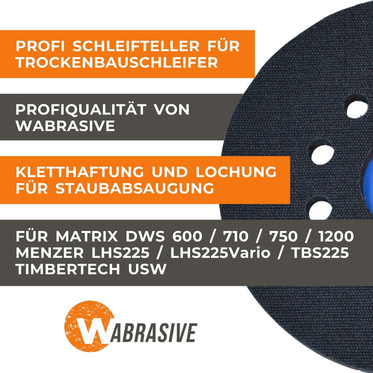 Plato Lijador Von Wabrasive Ø 225mm, Plato de Apoyo para Lijadora de Techo y Pared