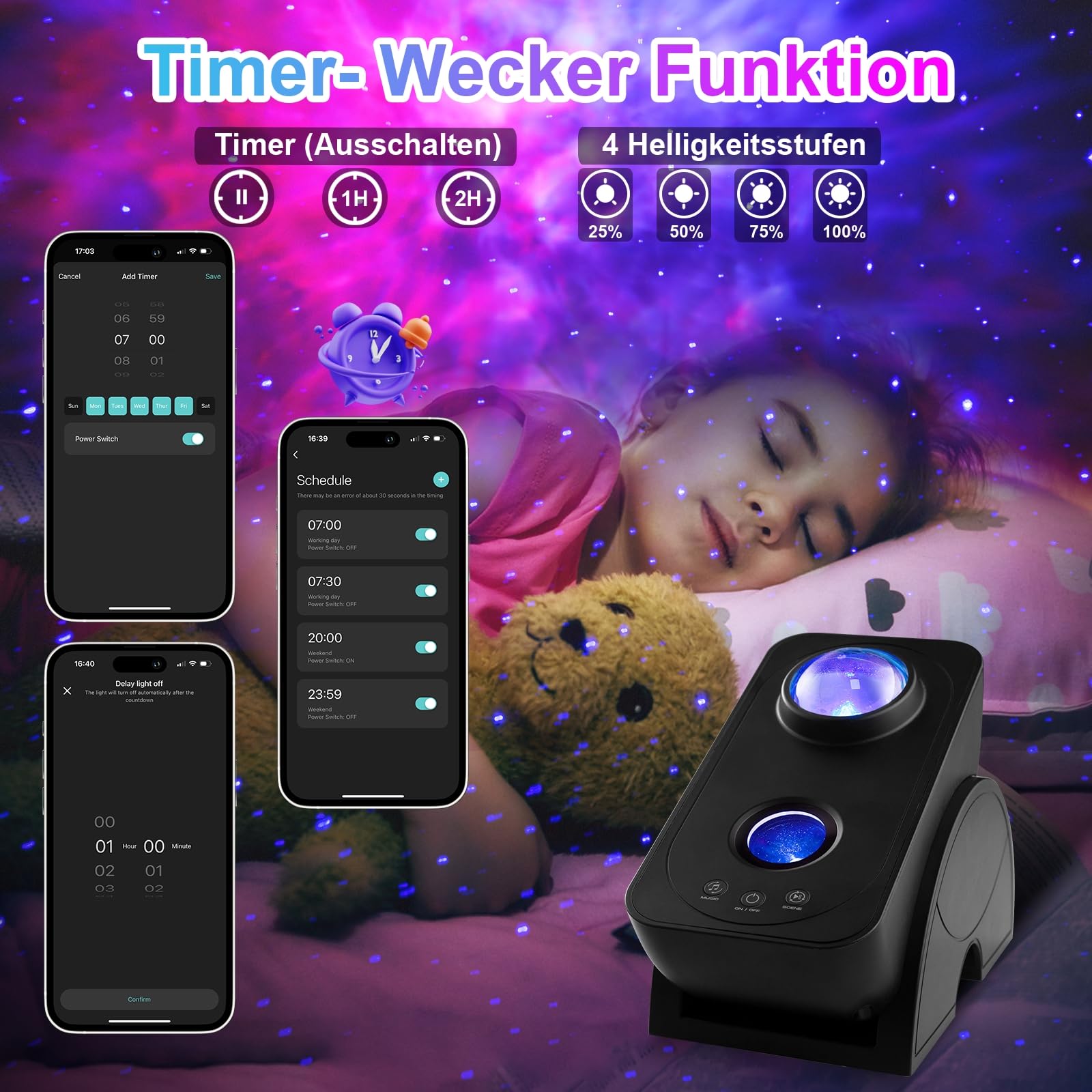 Blubbel LED Sternenhimmel Projektor, WLAN Sternenprojektor, 3D Galaxy Lampe Nachtlicht, App-/ Sprachsteuerung, Star Projector, Sternenlicht Galaxie, Alexa/Google kompatibel, Baby, Kinder, Schlafzimmer