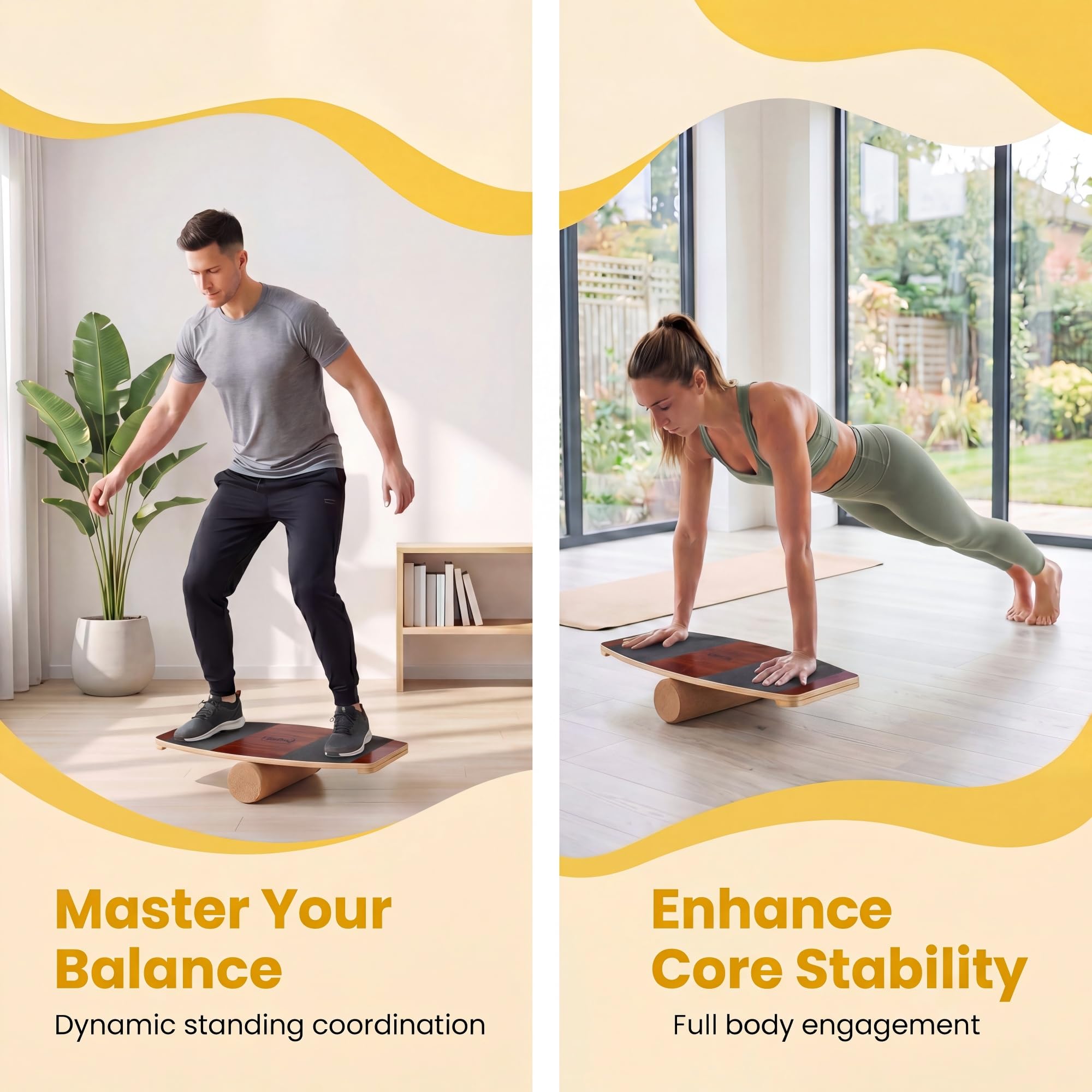 KOMFOTTEU Balance Board, Tavoletta Propriocettiva Antiscivolo con Rullo | Tavola di Equilibrio in Legno con Stopper per Surf, Fitness, Riabilitazione, Bambino e Adulto