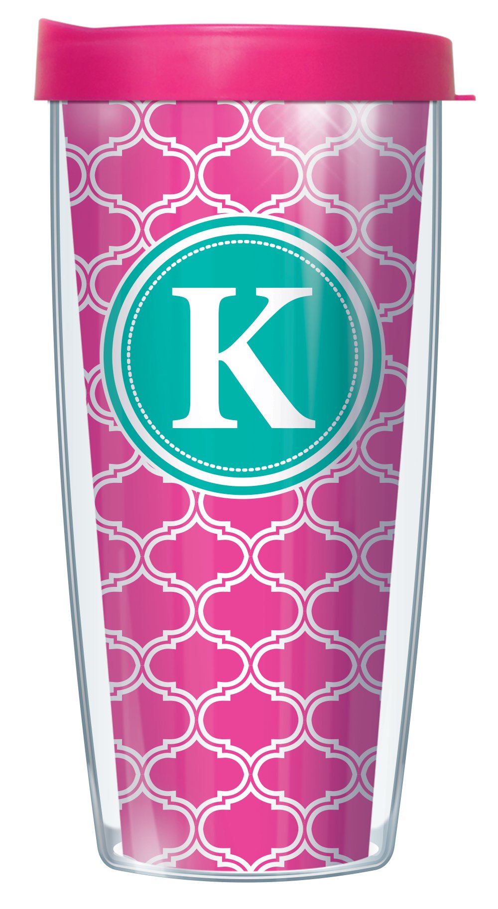 "K" Monogram Insignia Wrap on Pink and White Duofoil w/Hot Pink Lid Tumbler Cup 16 Oz | Fantastic Temperature Retention, Thermal Insulated! Dishwasher and Microwave Safe | BPA Free| Great Gift Idea