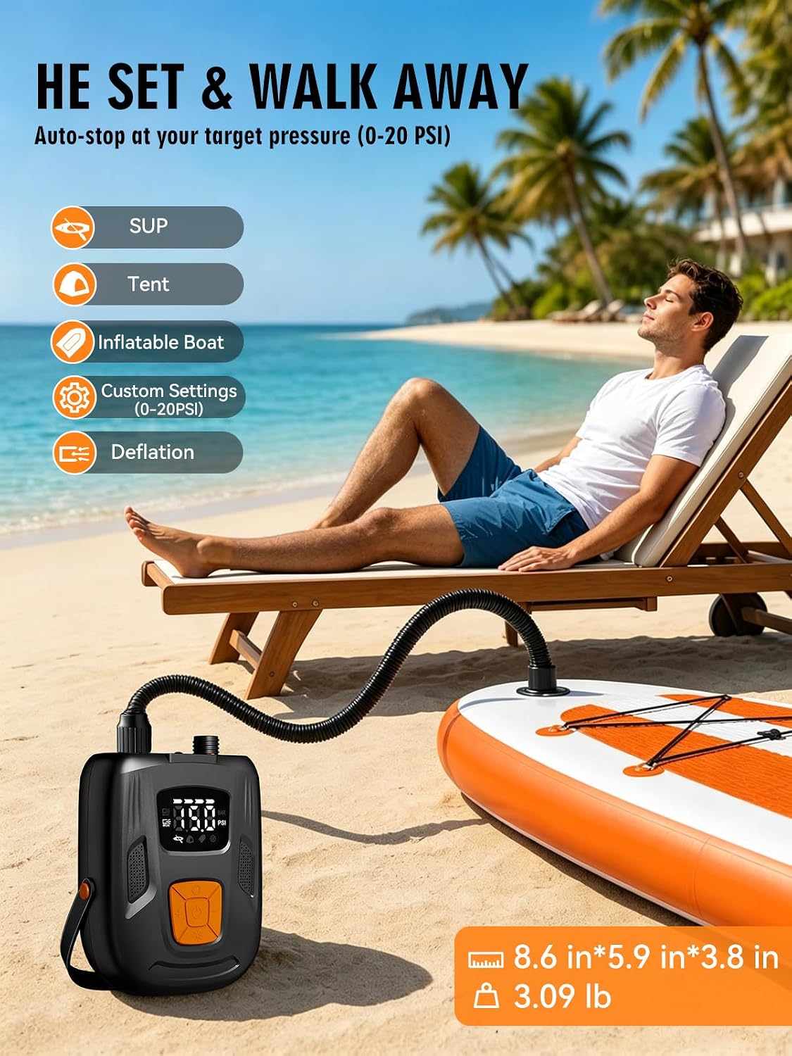 Electric Paddle Board Pump, 20PSI Dual-Power for Group Outings | Inflates more boards to 12 PSI, Dual power: 12V car or 12000mAh battery, Auto-off, 4 presets. Deflation, USB charge