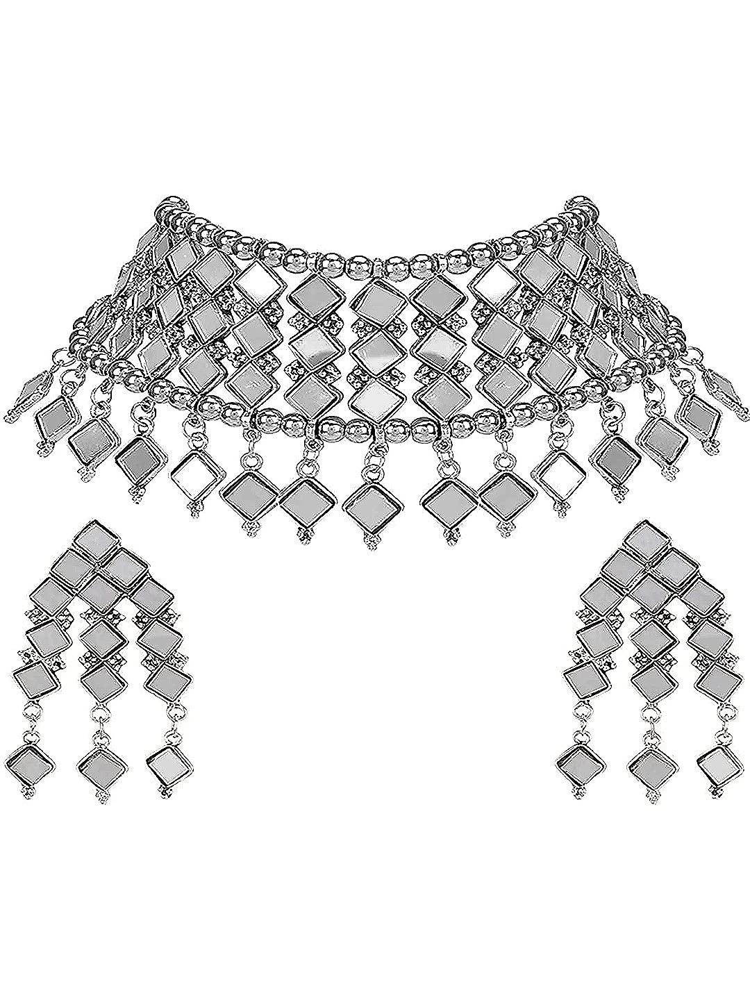 Vembley Silver Oxidized Western Mirror Style Designer Choker Necklace Set with Earrings For Women & Girls (B09QKYLR8R) Amazon Price History, Amazon Price Tracker