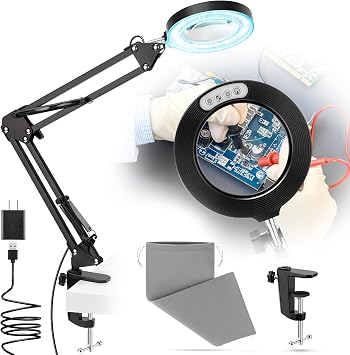 10X Magnifying Glass with Light and Stand,Portable Magnifying Glasses Magnifier with Light, Velvet Bag, 5 Color Modes 2-in-1 LED Desk Magnifier Lamp, Magnify Glasses for Close Work Hobbies
