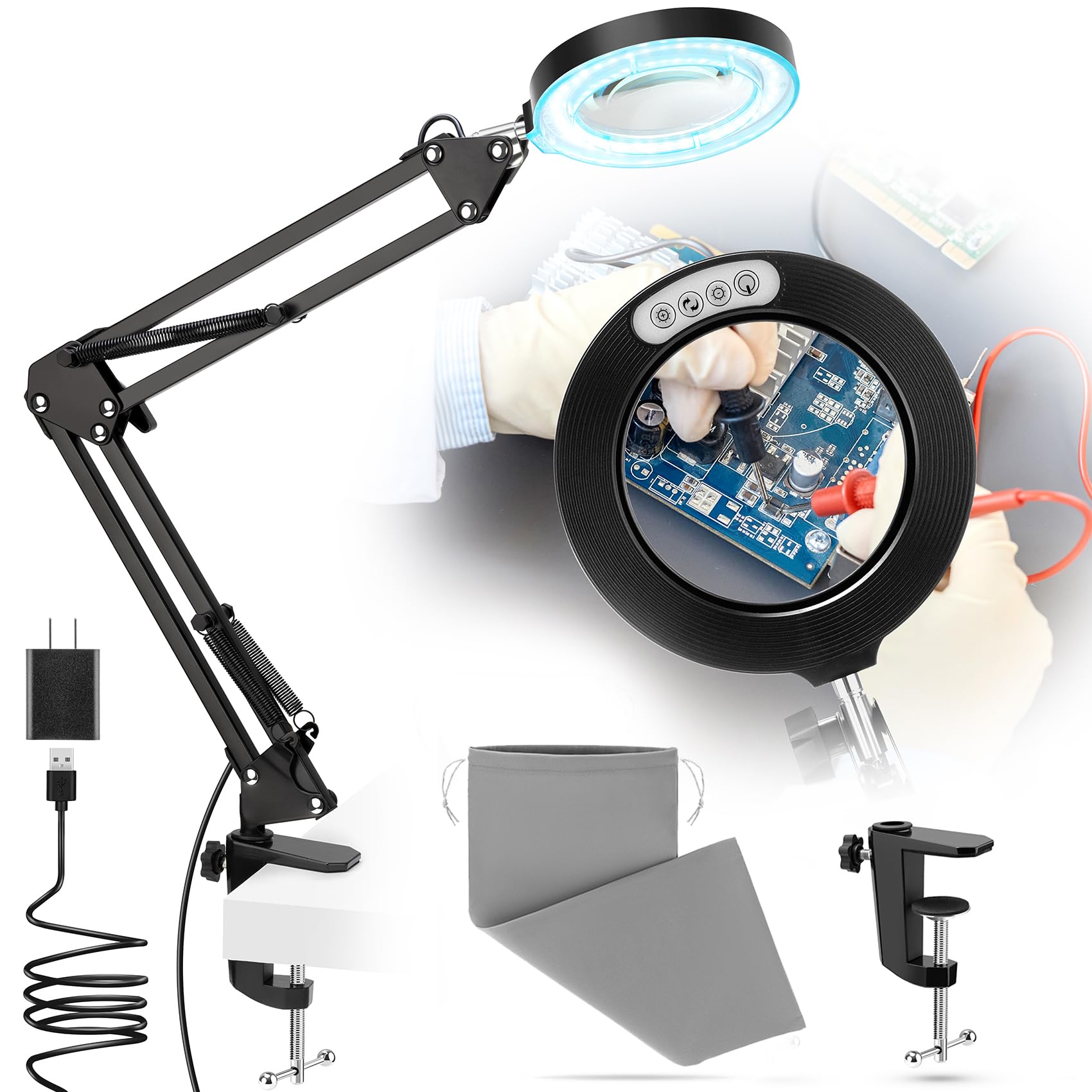 Lupa de 10 aumentos con luz y soporte, lupa portátil con luz, bolsa de terciopelo, 5 modos de color, lámpara LED 2 en 1, lupa para pasatiempos de trabajo cercanos