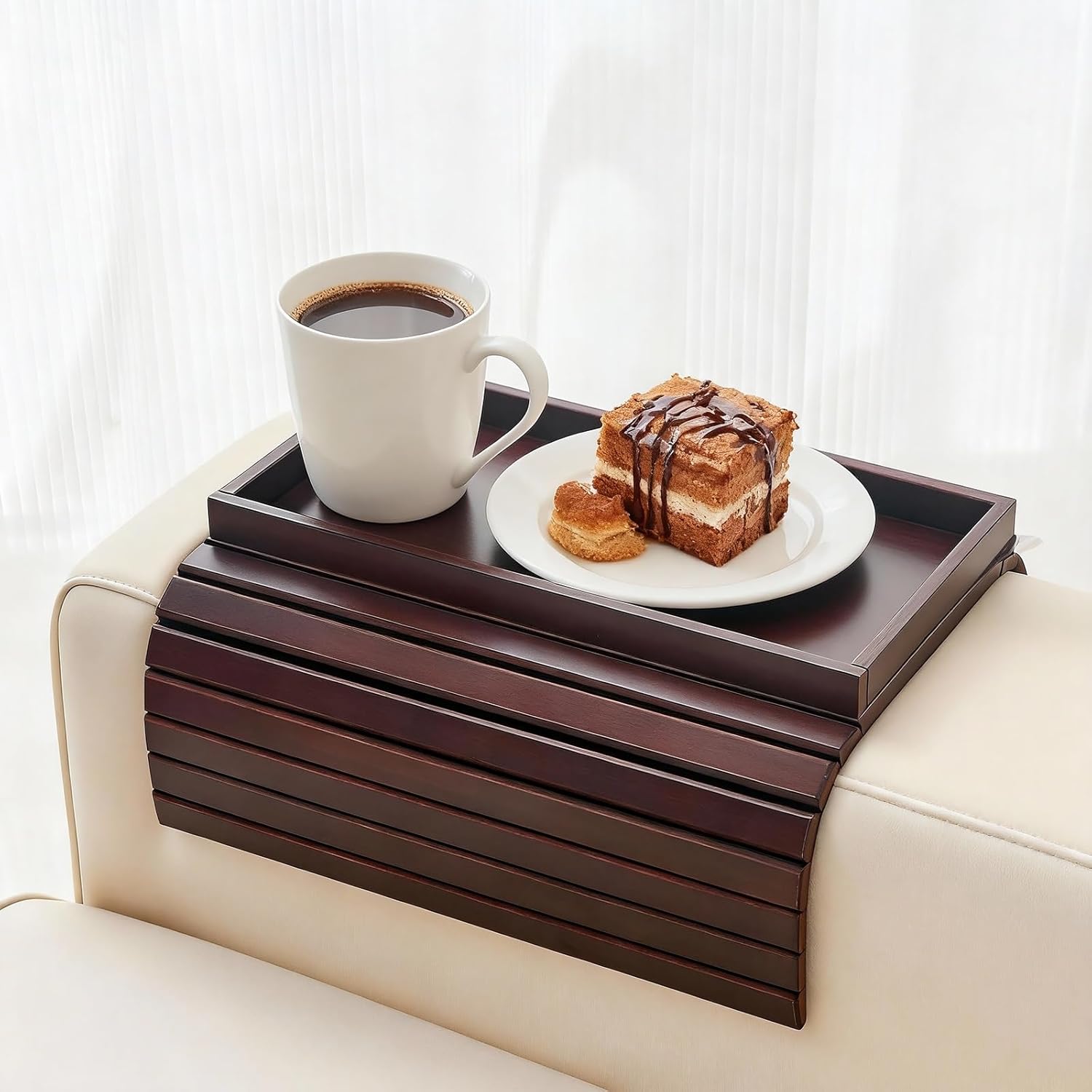 Bamboo Couch Arm Tray Table, Foldable Sofa Rest with Non-Slip Base Portable Armchair Cup Phone Holder for Drinks, Remote, Snacks Fits Most Recliners Couches, Easy-Clean Surface(Mahogany)