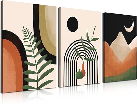 Boho Wall Art canvas Set of 3, Mid Century Modern Wall art painting, Minimalist Black Beige Neutral Abstract Geometric Wall Decor Canvas Prints Ready To Hang for Living Room Wall Decor 12x16in Framed