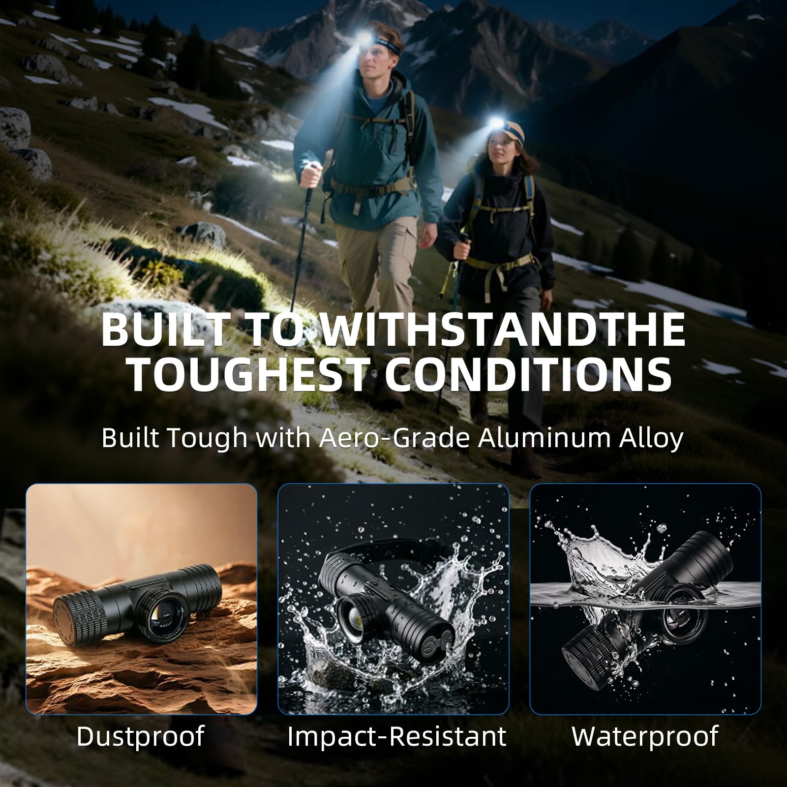 Linterna frontal recargable de 2600 mAh, luz de casco duro, linterna LED de frente de 1800 lúmenes, zoom ajustable, IPX4 impermeable para camping, correr, trabajo, senderismo, pesca