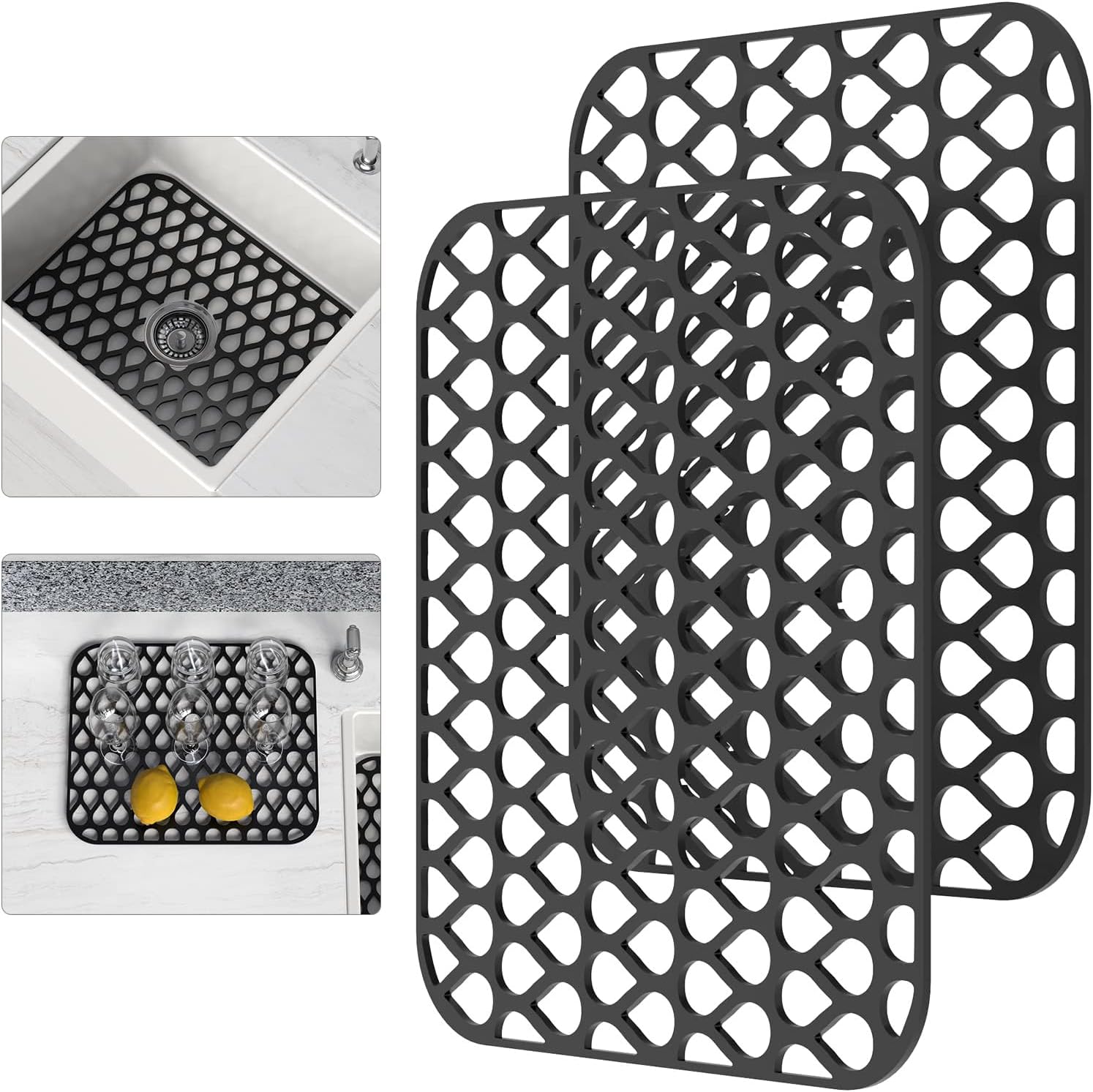 Silicone Sink Mat, 2 PCS Sink Protectors for Kitchen Sink, Kitchen Sink Mat, Grid Non-Slip Folding Sink Pad for Bottom, Stainless Steel Porcelain Sink Pad, Black