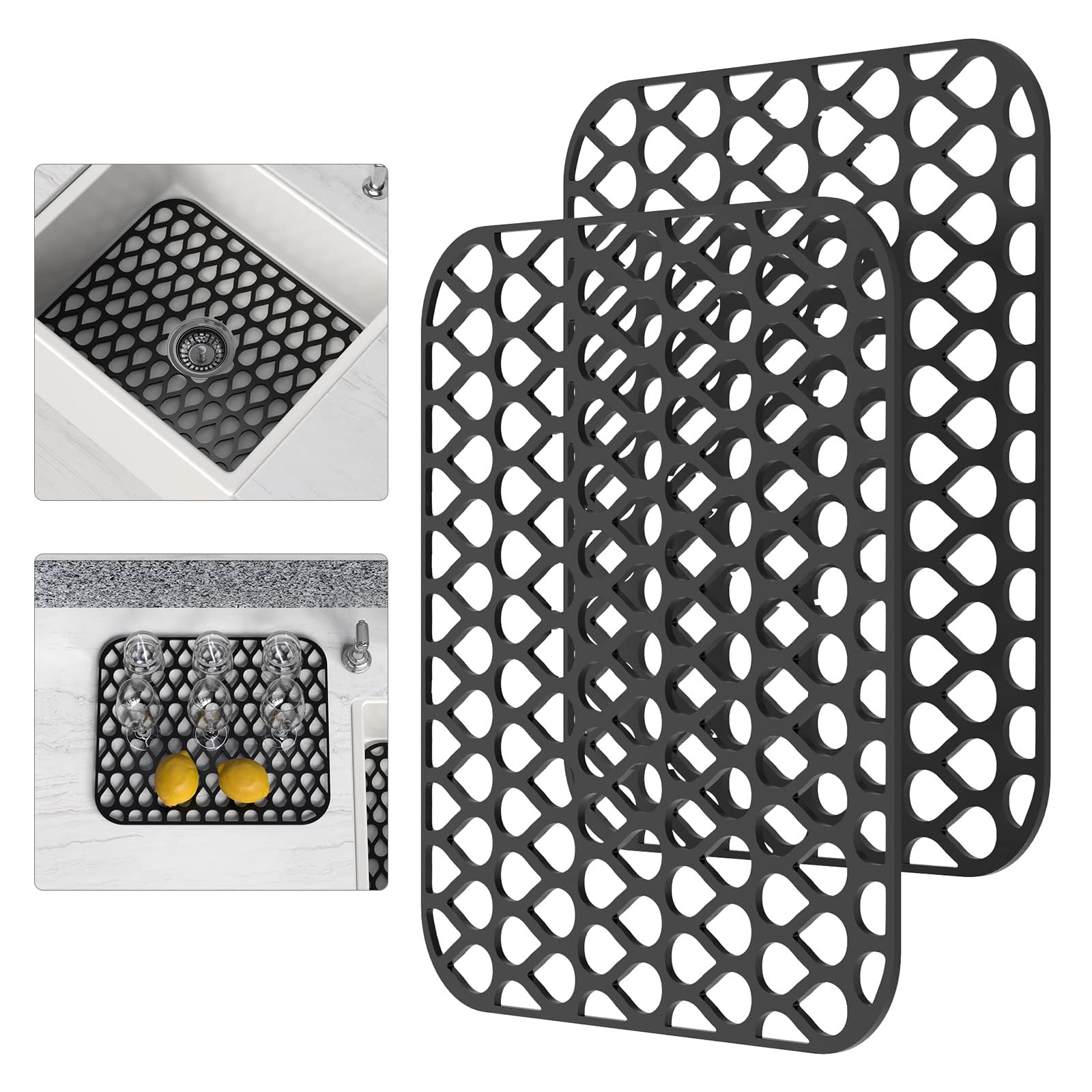 Excefore Silicone Sink Mat, 2 PCS Sink Protectors for Kitchen Sink, Kitchen Sink Mat, Grid Non-Slip Folding Sink Pad for Bottom, Stainless Steel Porcelain Sink Pad, Black