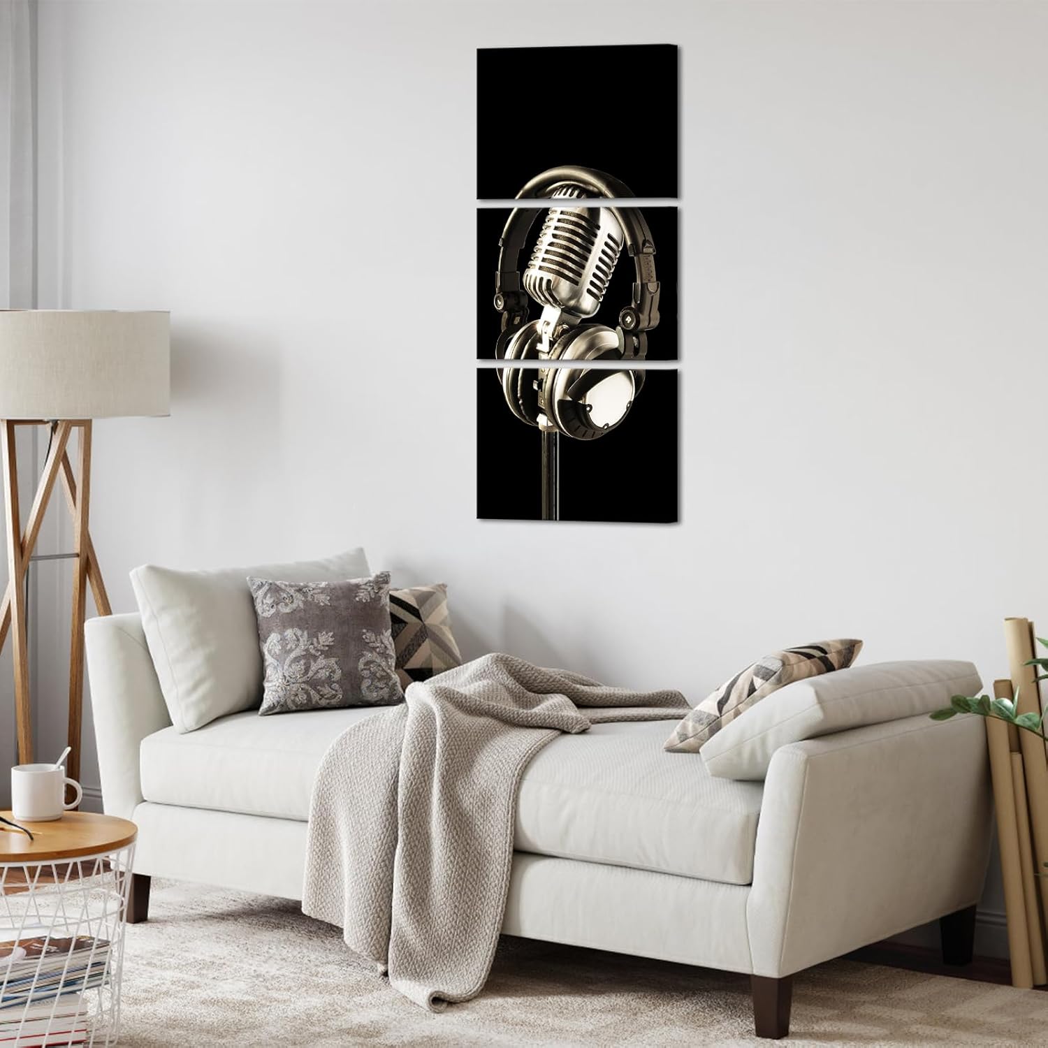 Apicoture Music Canvas Prints Artwork Black And White Headphones And Microphones Musical Instruments Pictures Wall Art Decor Music Studio Wall Art Framed 12x16x3 Panels