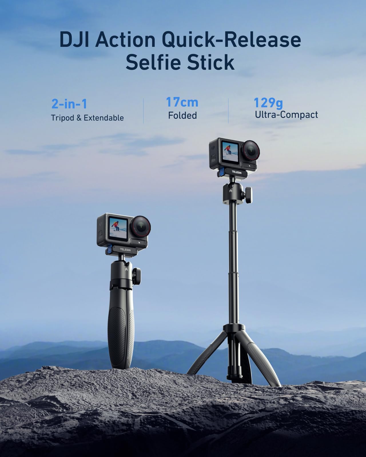 TELESIN 40 cm Mini statyw do selfie, magnetyczny uchwyt do selfie, przenośny monopod vlog, regulowany 360°, wydłużony biegun do DJI Osmo Action 5 Pro/4/3, akcesoria do aparatu