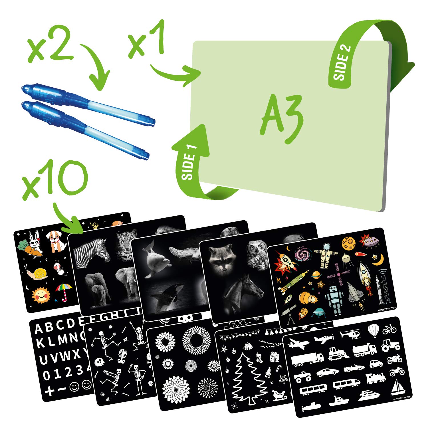 JUEGACONMIGO PINTAFLUO Pizarra Mágica Infantil. Dibuja con luz a Doble Cara y Doble Grosor. Incluye 2 bolígrafos, 10 Plantillas y Tinta Invisible. (Tamaño A3) : Amazon.es: Juguetes y juegos