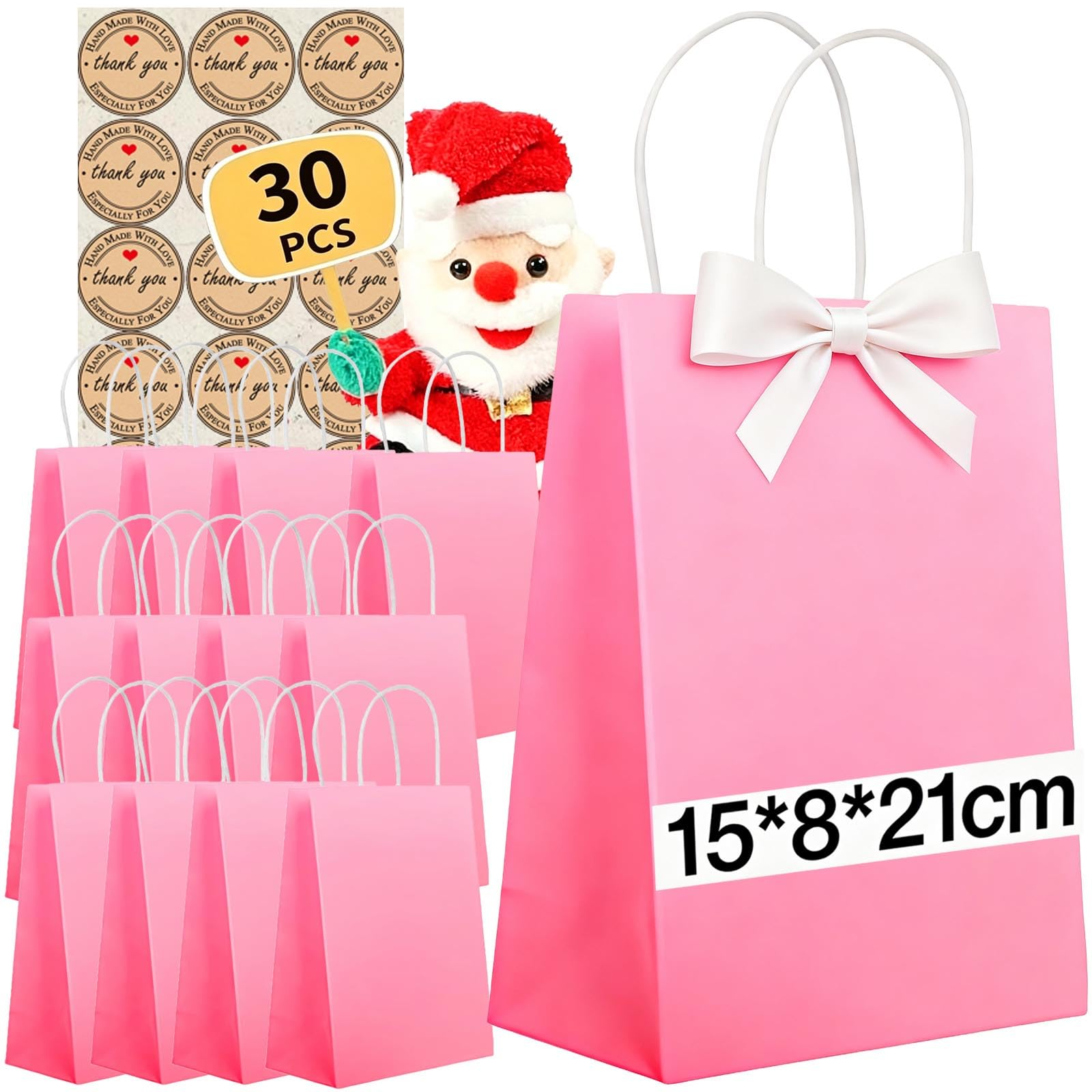 30Pcs Small Paper Bags With Handles, Paper Gift Bags (21x15x8cm), 130GMS Thicken Kraft bags Party Favor Shopping includes lables for Favor Birthday Christmas Party Wedding Shopping Retail (Rose Pink)