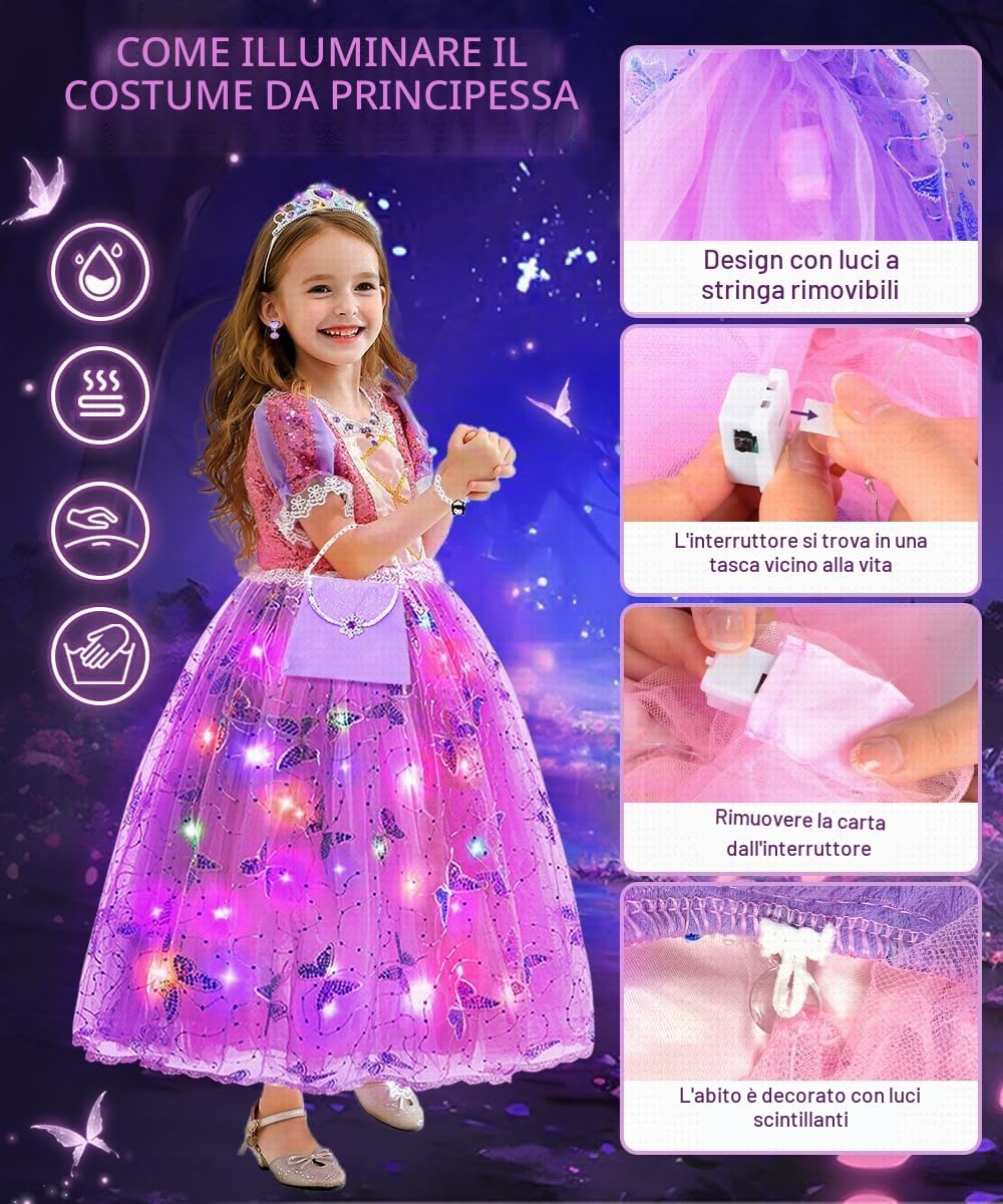 Vestito Principessa, LED Costume Principessa Bambina con Set Corona Principessas Luminoso, Vestiti Costume Carnevale, Vestito da Principessa per Cosplay