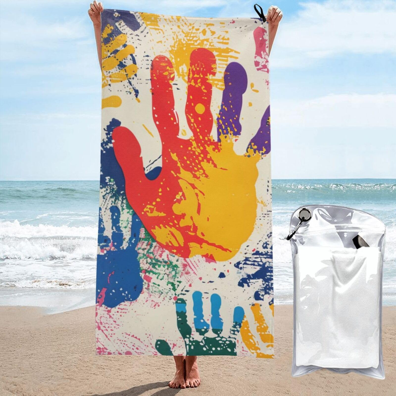 kkvhhyuo Microfiber Beach Towel, Hand Print Printed Lightweight Quick Dry Travel Bath Sheet with Compact Carry Bag for Swimming Yoga Camping Gym,31.5"x63"